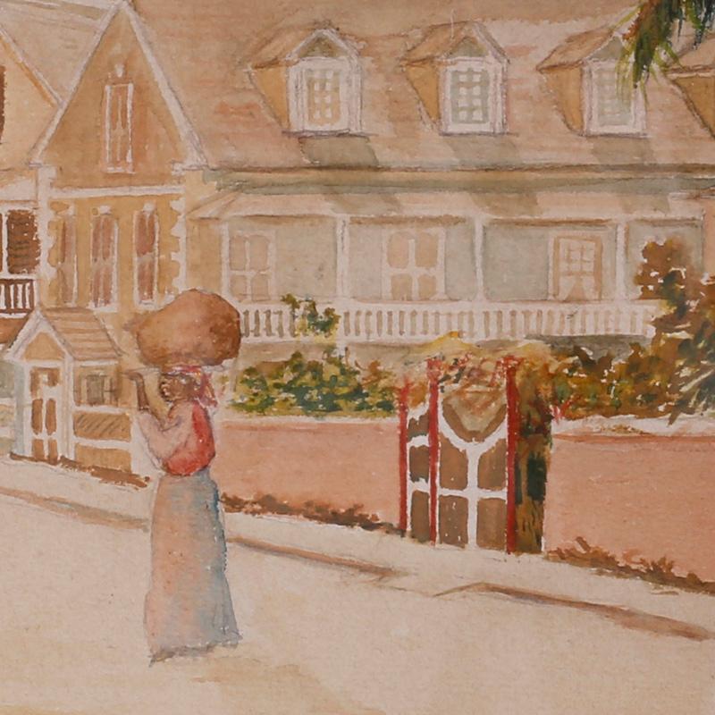 Tropisches Aquarell auf Papier aus dem 19. Jahrhundert, das einen Moment in einer ruhigen Straße mit Häusern, Palmen, Blumen und einer Frau, die ein Bündel auf dem Kopf trägt, darstellt. Möglicherweise die Bahamas. Fachmännisch lackiert und unter