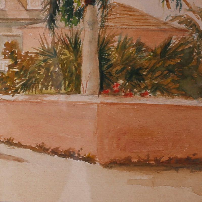 19th century tropical West Indies watercolor on paper depicting a moment in time on a quiet street complete with houses, palm trees, flowers and a woman carrying a bundle on her head. Possibly the Bahamas. Expertly painted and under preservation