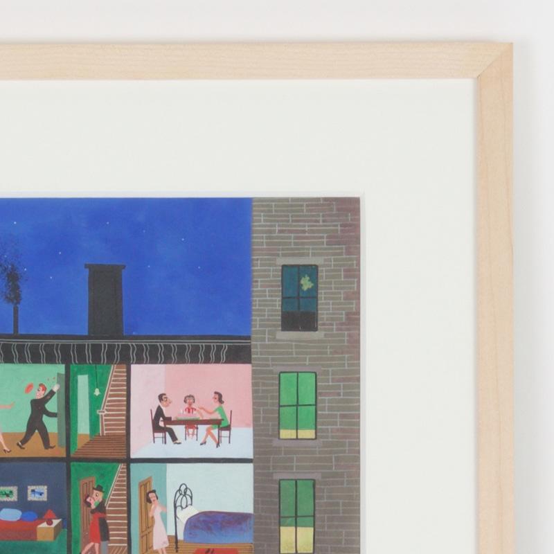 Here is a Mid-Century gouache painting on paper painted for the New Yorker magazine depicting a light hearted look at the assorted lives of apartment dwellers and the disconnection behind the walls. Signed Blanchard in the lower right. One of six