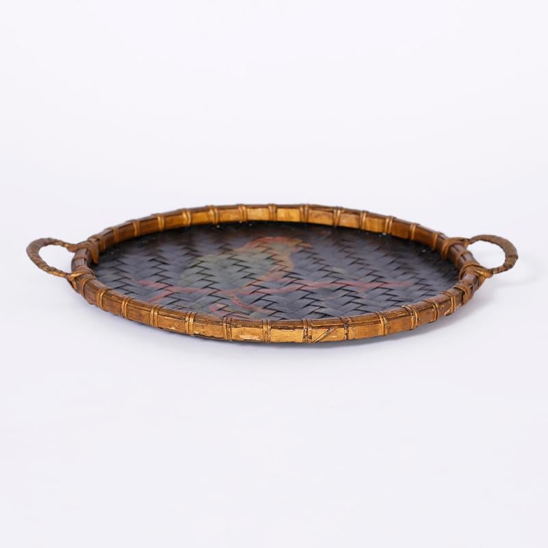 Antique Basket Tray with Painted Parrot For Sale 1