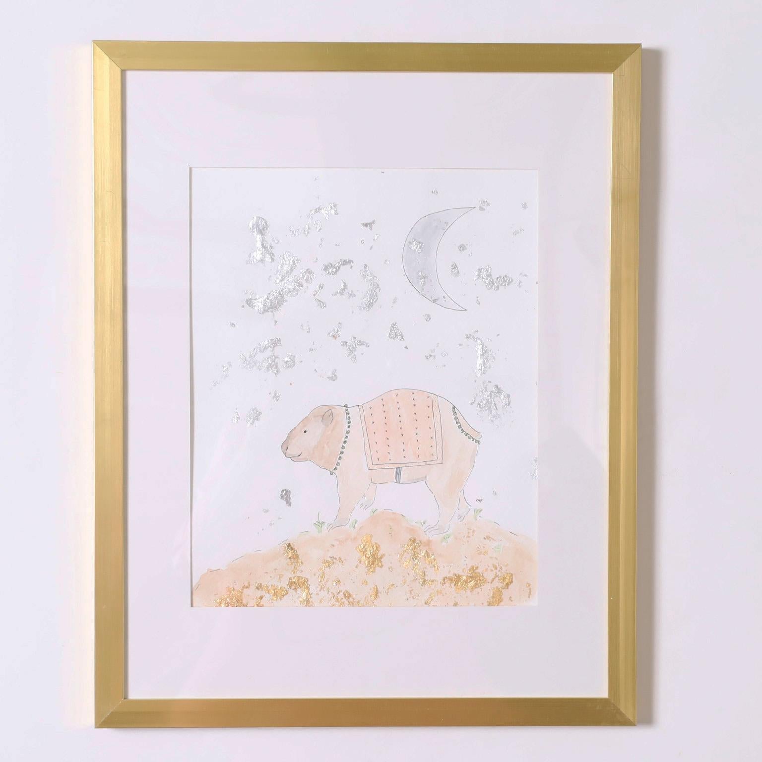 Set of Four Original Mixed Media Drawings of Animals - Art by Unknown