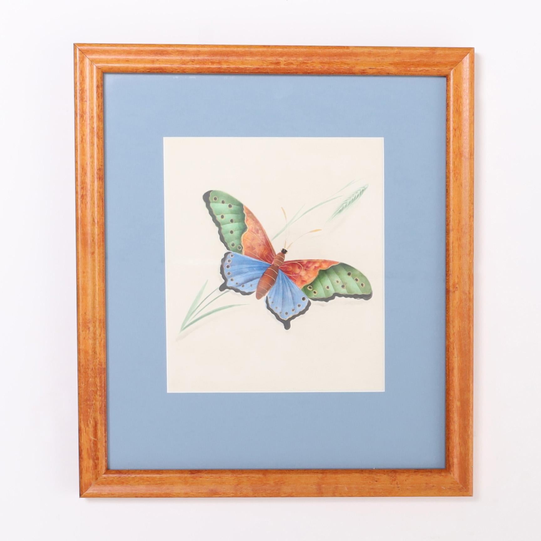 Lofty set of six watercolors on paper depicting the surprising diverse beauty of moth species. Presented in wood frames, matted and under glass.
