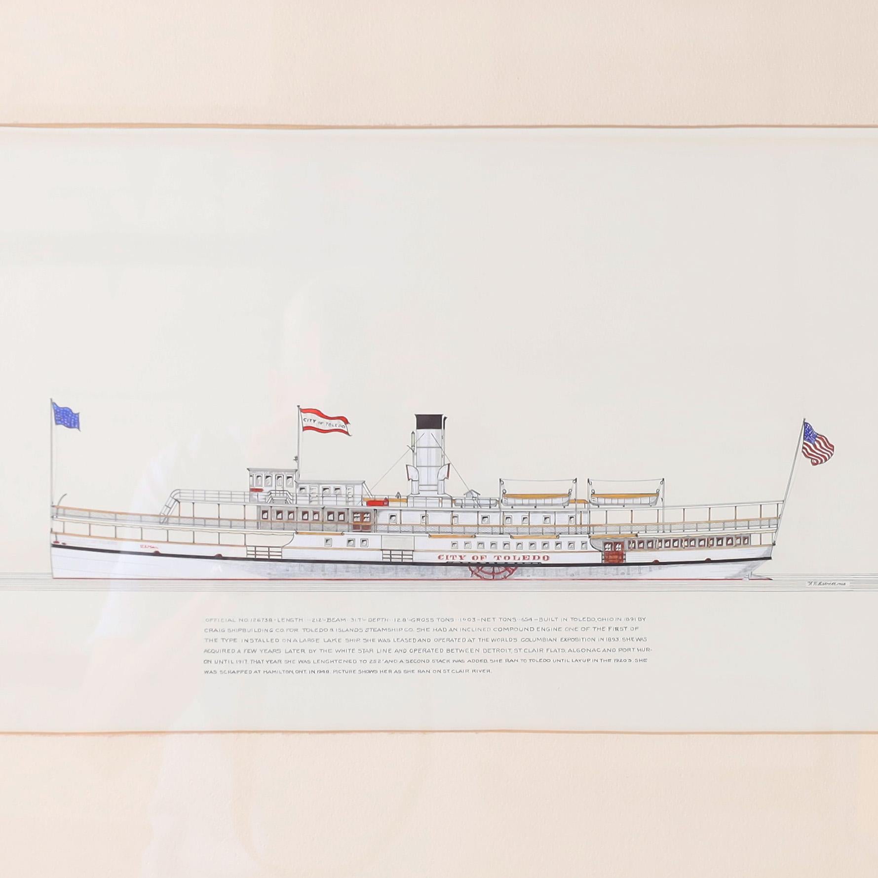 Marinemalerei auf Papier eines Dampfschiffs auf den Großen Seen (Sonstige Kunststile), Art, von Unknown