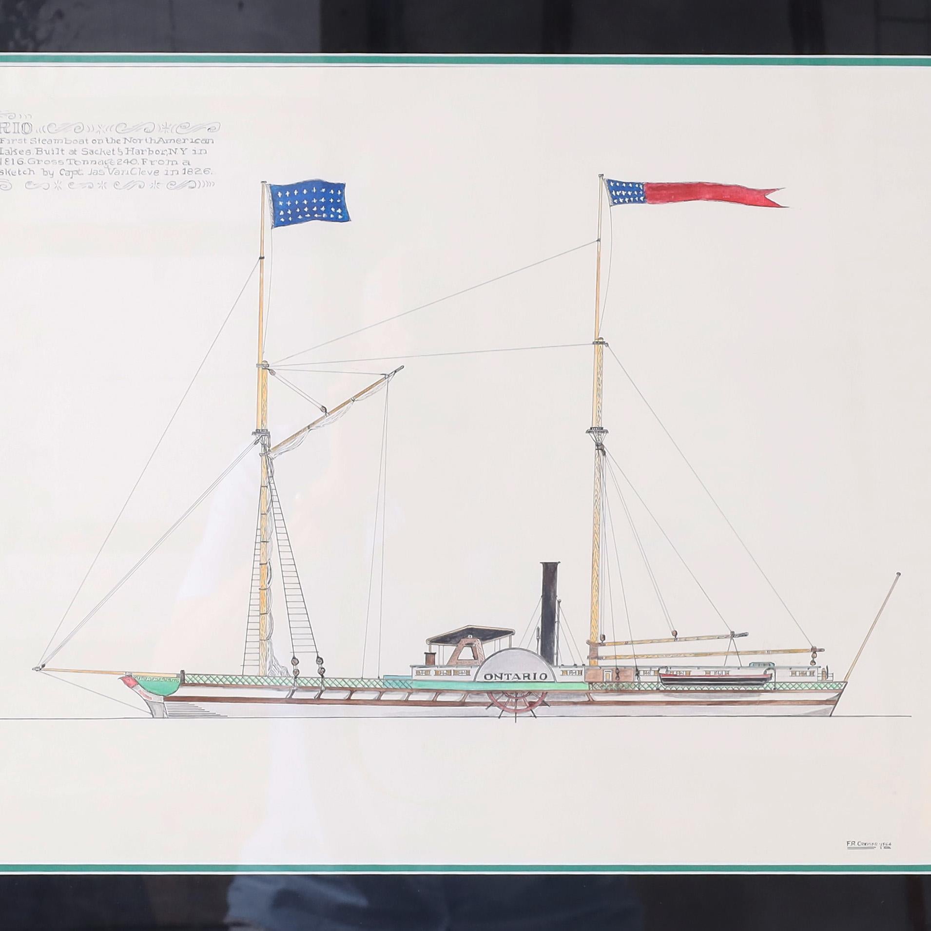 Marinemalerei auf Papier eines Dampfschiffs auf den Großen Seen (Sonstige Kunststile), Art, von Unknown