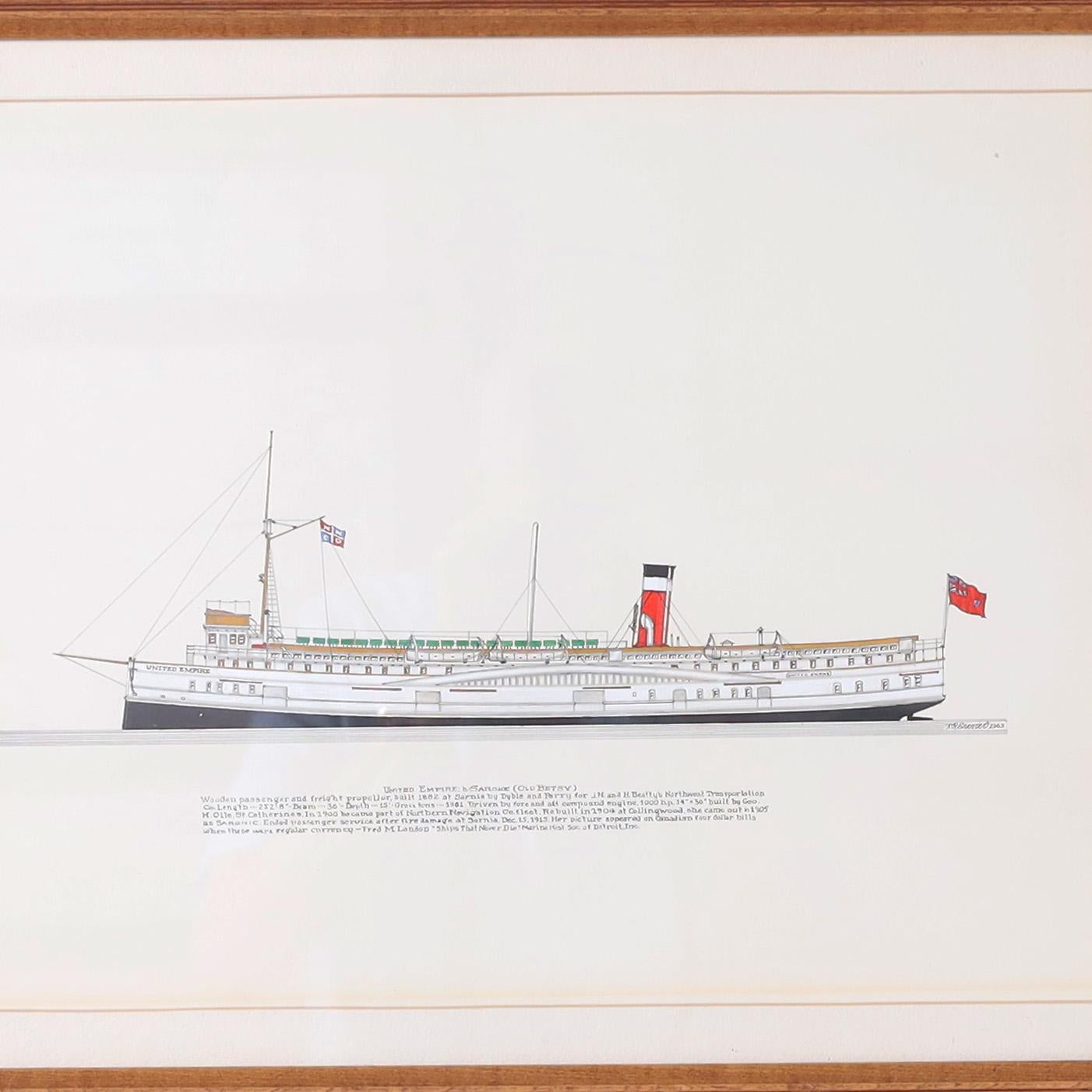 Marinemalerei auf Papier eines Dampfschiffs auf den Großen Seen (Sonstige Kunststile), Art, von Unknown