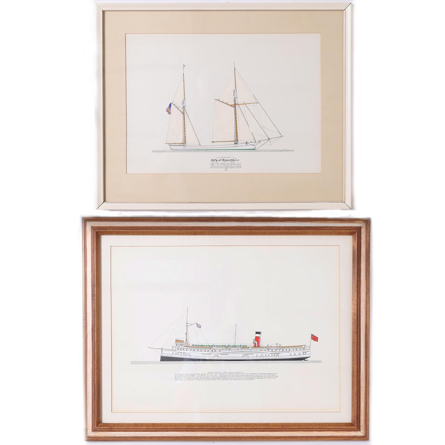 Ink and gouache painting on paper of a 19th century Great Lakes steamship executed in precise draftsman style and signed by noted American artist Frank Crevier, framed and presented under glass. As seen in the last photos of the listing, this is one