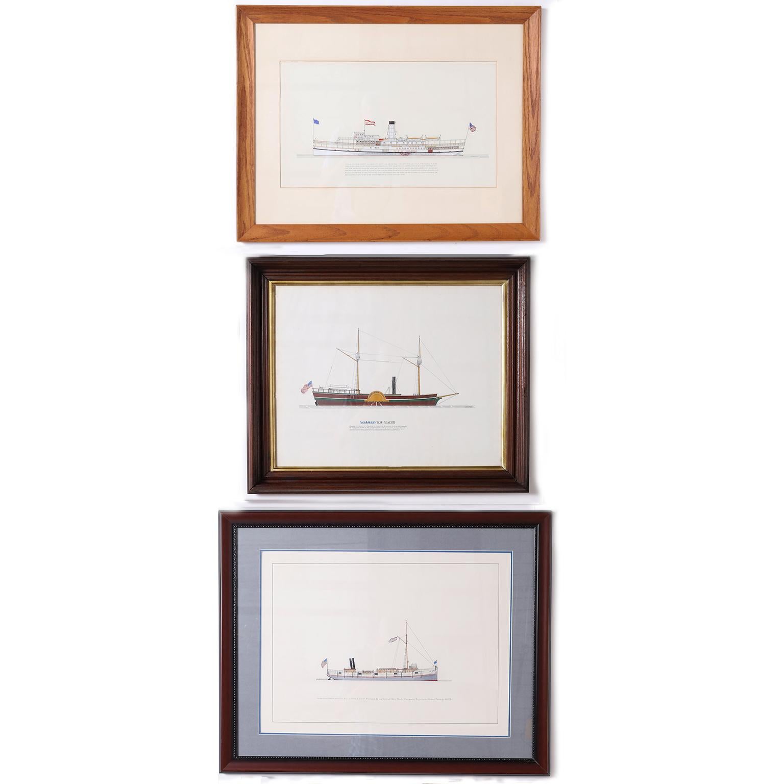Peinture à l'encre et à la gouache sur papier d'un bateau à vapeur des Grands Lacs du XIXe siècle, exécutée dans un style précis de dessinateur et signée par le célèbre artiste américain Frank Crevier, encadrée et présentée sous verre. Comme le