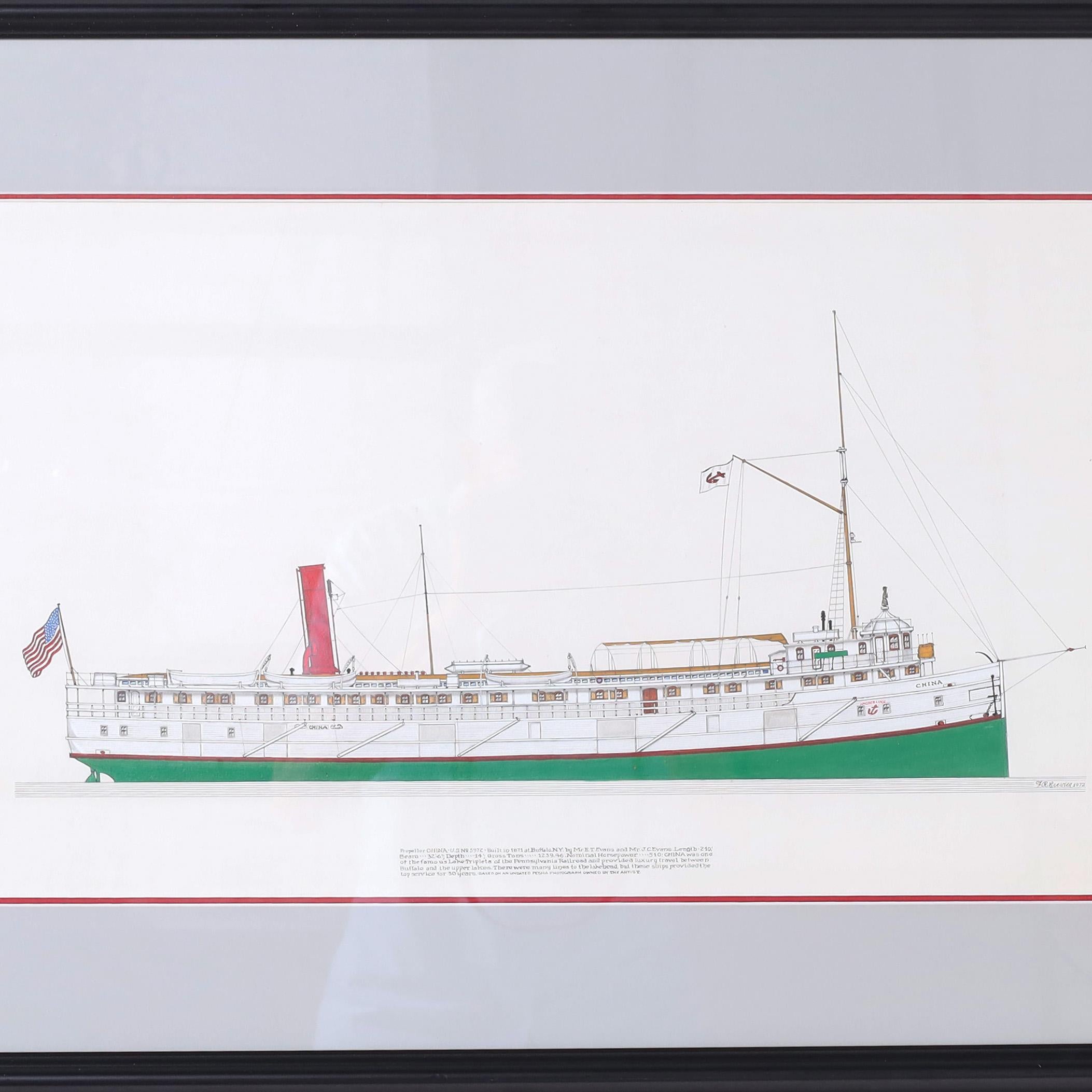 Marinemalerei auf Papier eines Dampfschiffs auf den Großen Seen (Sonstige Kunststile), Art, von Unknown
