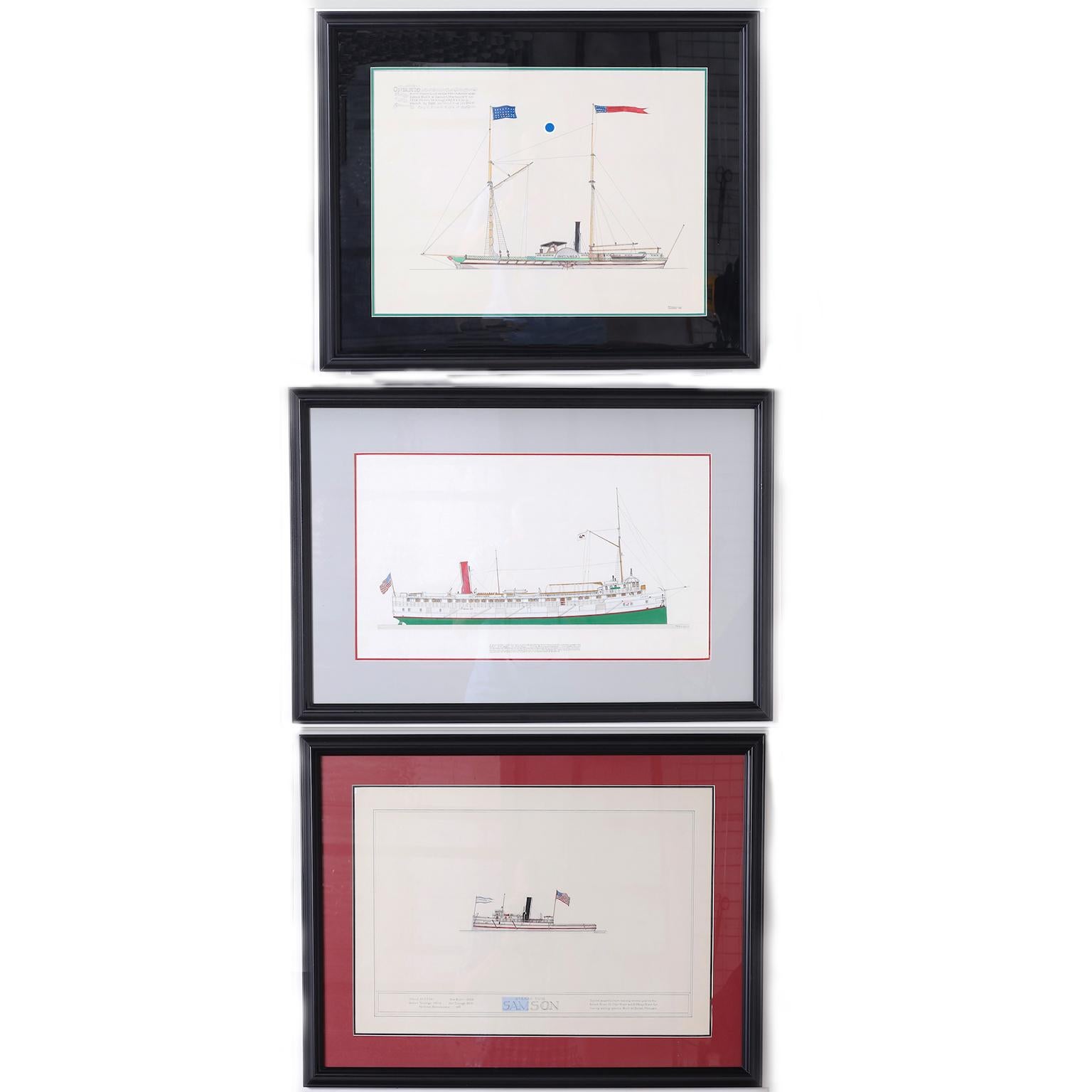 Tusche- und Gouache-Gemälde auf Papier eines Dampfschiffs der Großen Seen aus dem 19. Jahrhundert, das von dem bekannten amerikanischen Künstler Frank Crevier signiert, gerahmt und unter Glas präsentiert wird, in präzisem zeichnerischen Stil. Wie