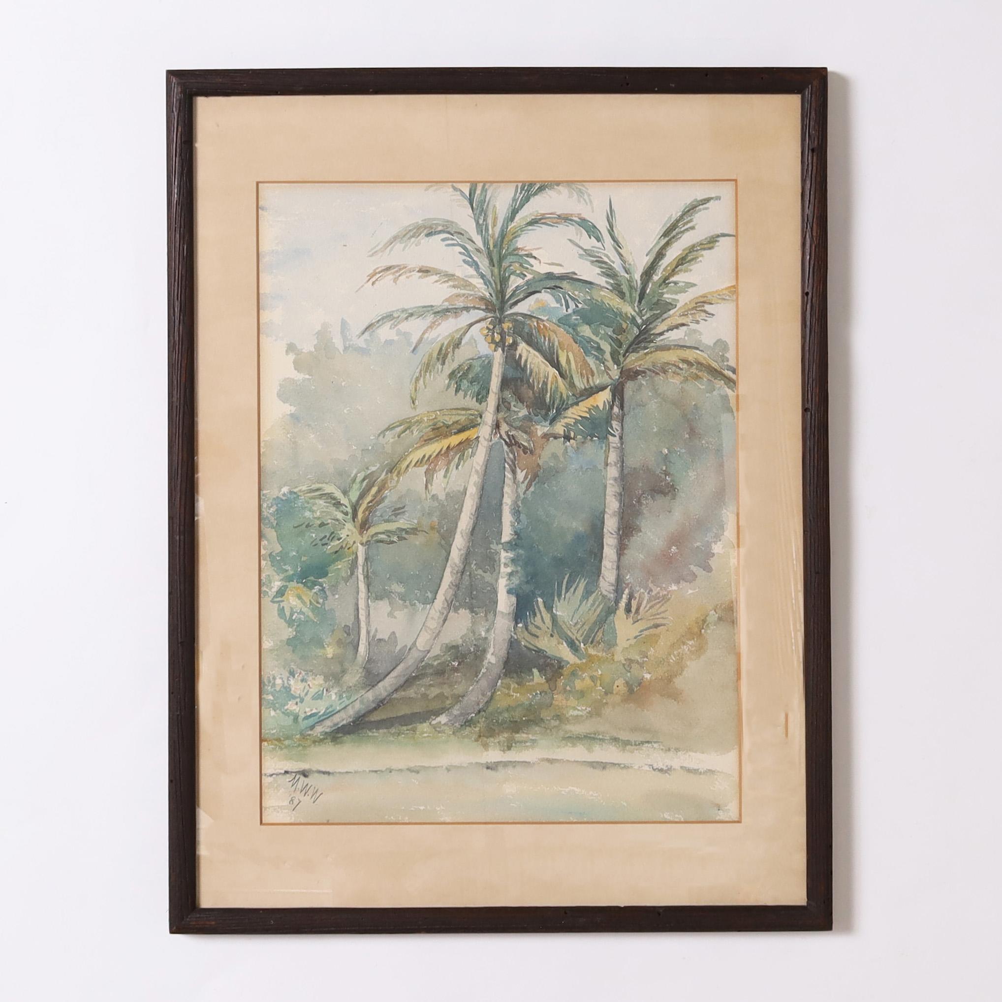 Paar antike tropische Aquarellgemälde mit Aquarellfarben im Angebot 3
