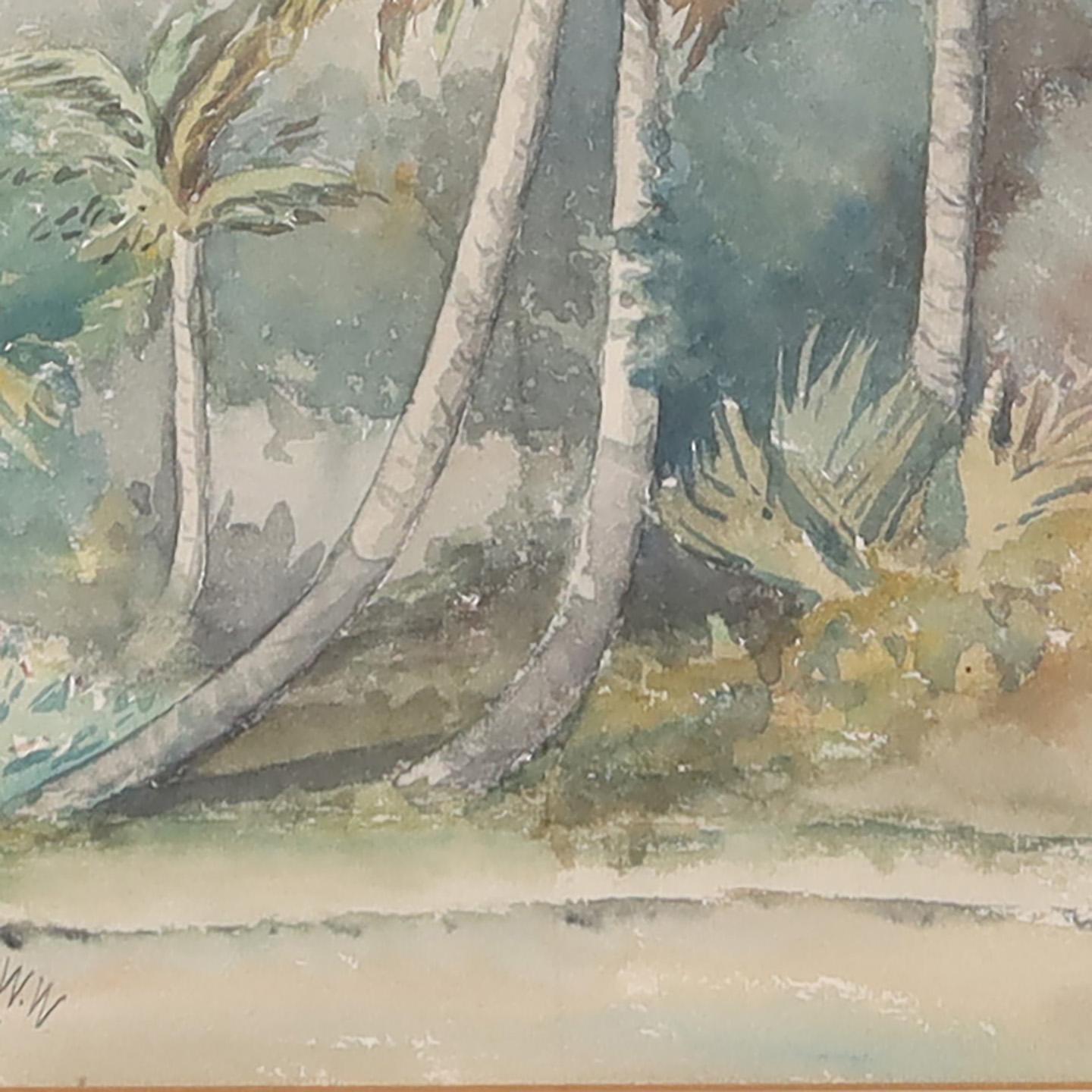 Paar antike tropische Aquarellgemälde mit Aquarellfarben im Angebot 5