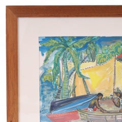 Vintage Tropical Watercolor with Palm Trees and Figures in Martinique