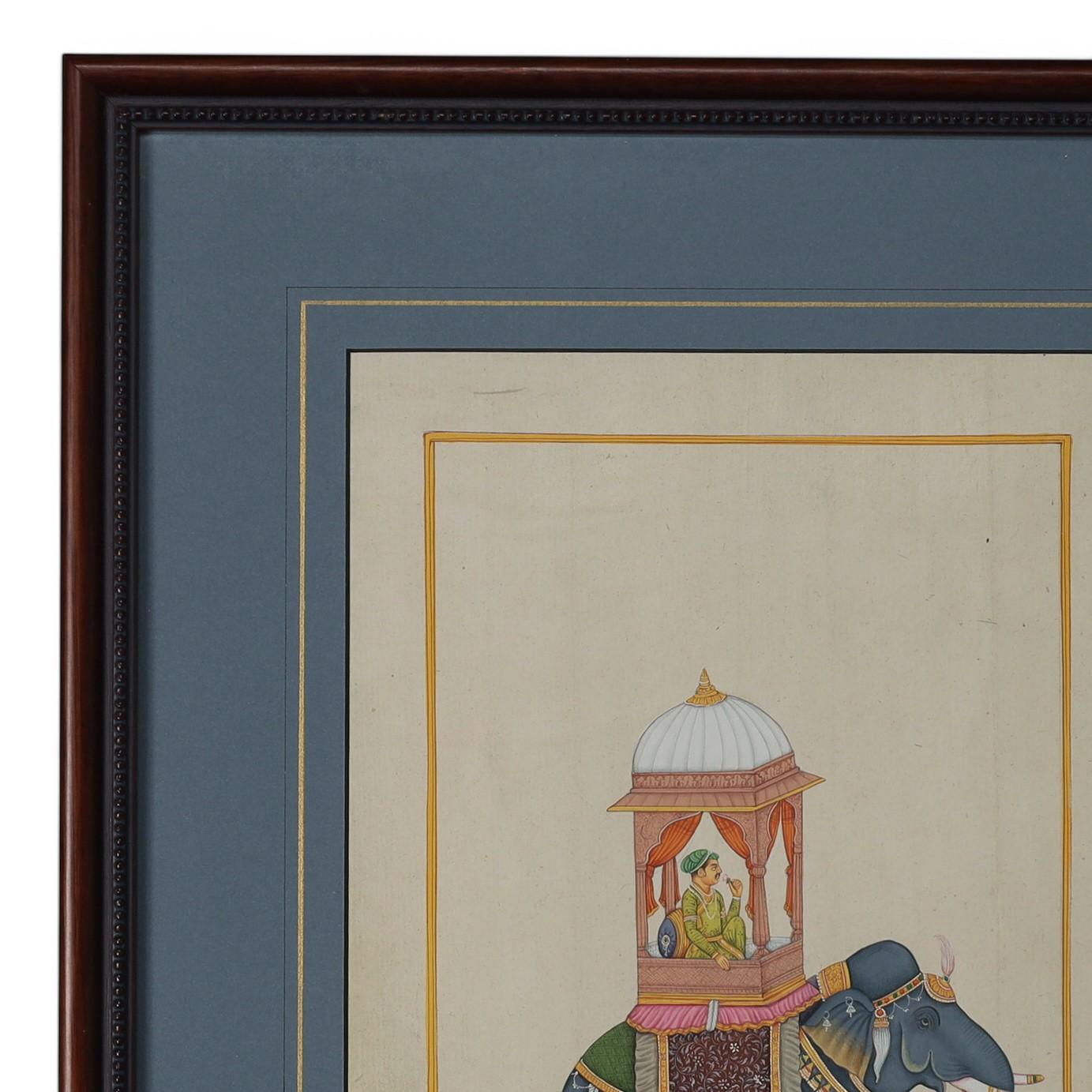 Paire d'aquarelles anglo-indiennes anciennes encadrées représentant des éléphants avec des rameurs - Autres styles artistiques Art par Unknown