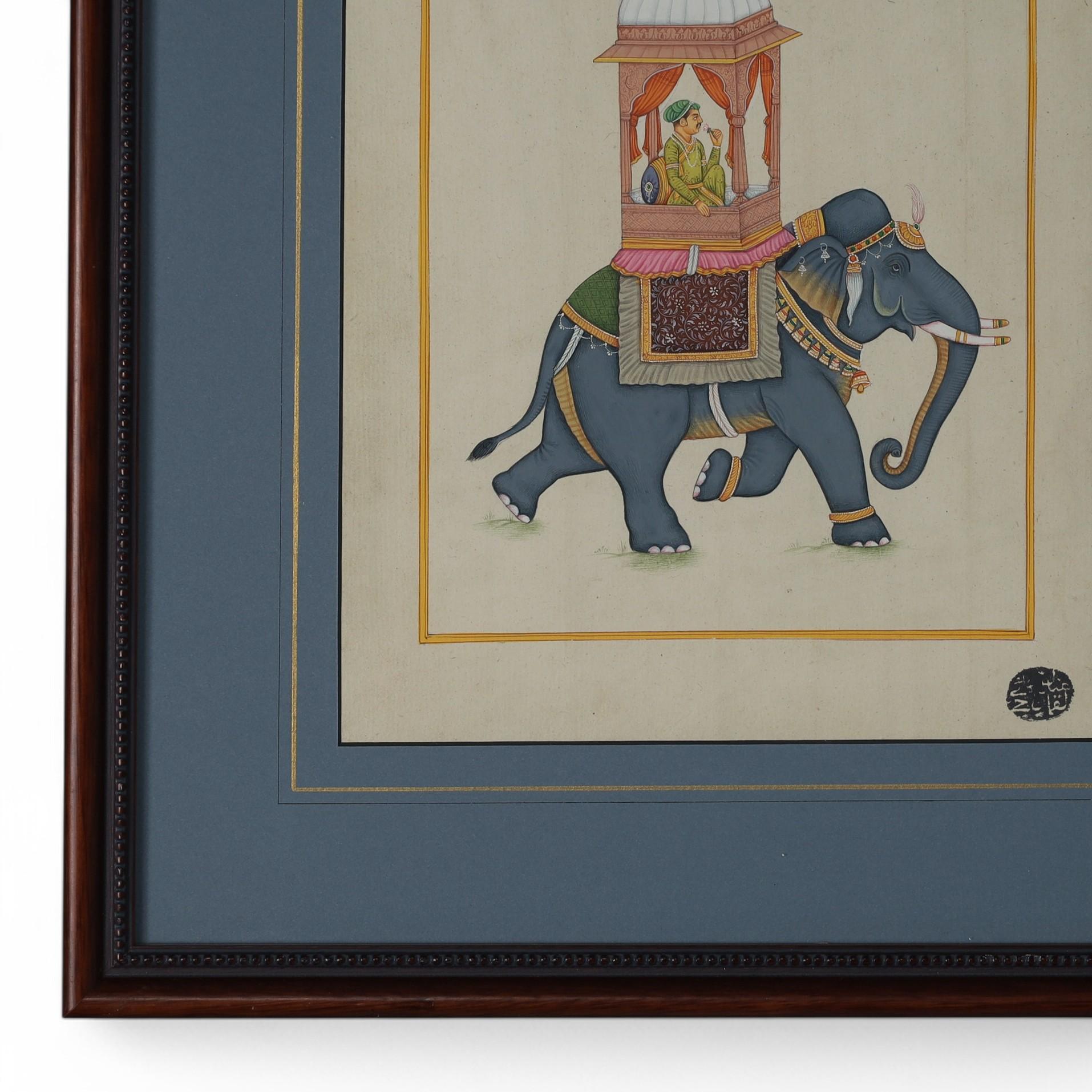 Paire d'aquarelles anglo-indiennes anciennes encadrées représentant des éléphants avec des rameurs en vente 2