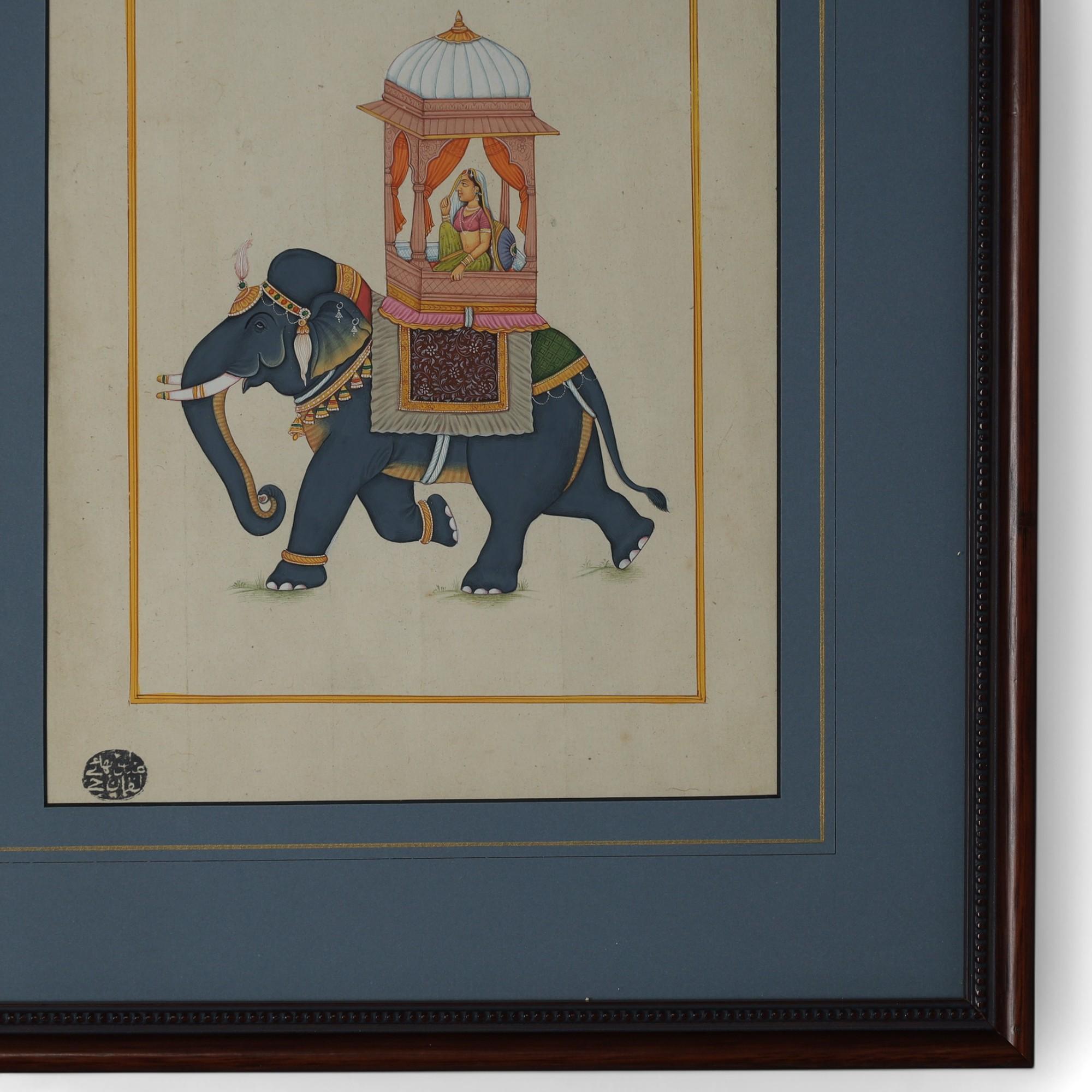 Paire d'aquarelles anglo-indiennes anciennes encadrées représentant des éléphants avec des rameurs en vente 3