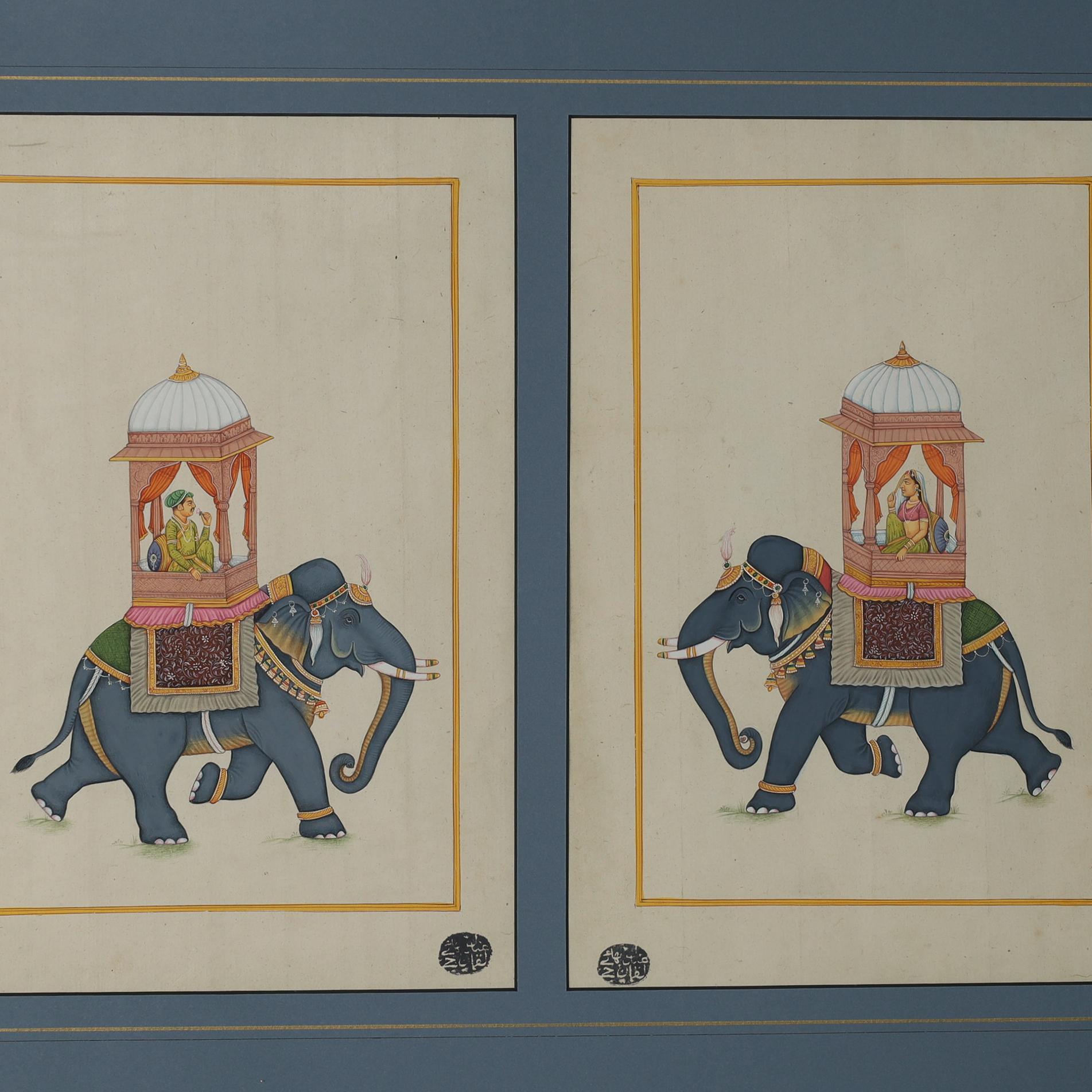 Paire d'aquarelles anglo-indiennes anciennes encadrées représentant des éléphants avec des rameurs en vente 1