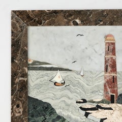 Antique Italian Inlaid Stone or Pietra Dura of a Bayscape with Lighthouse