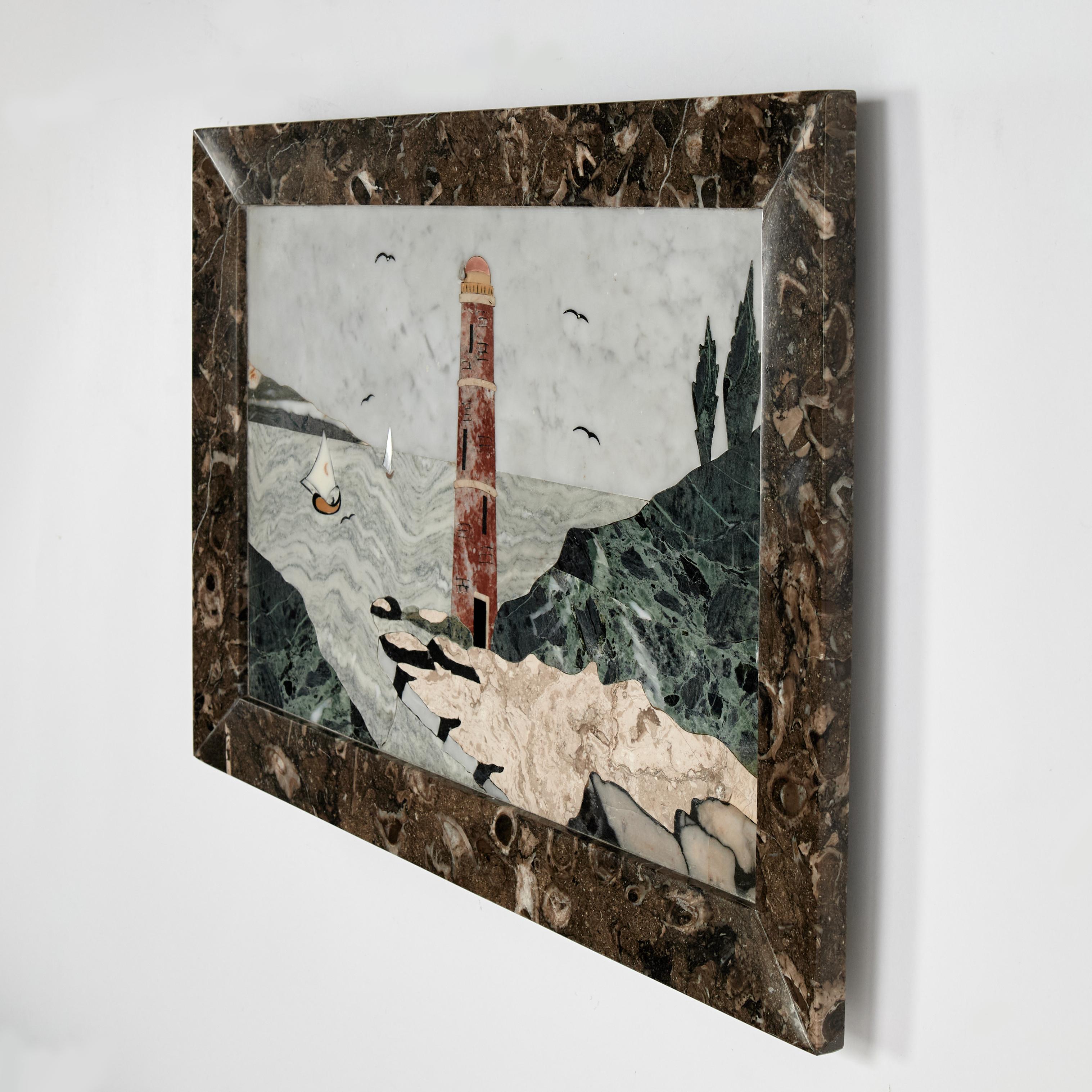 Pierre incrustée italienne ancienne ou Pietra Dura d'un paysage de baie avec phare en vente 6