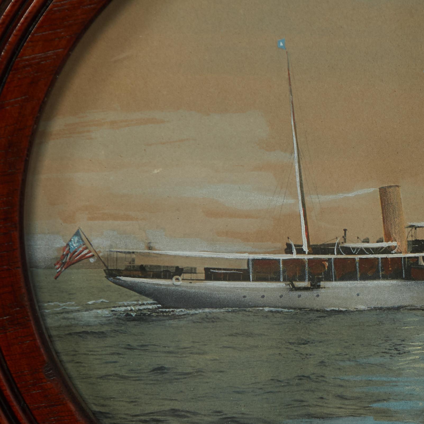 Acquerello storico d'epoca del noto yacht a vapore Akela, costruito nel 1899 negli Stati Uniti, convertito per la prima guerra mondiale nel 1917 e restituito al proprietario nel 1919. Firmato Bond in basso a destra e incorniciato in una ruota di