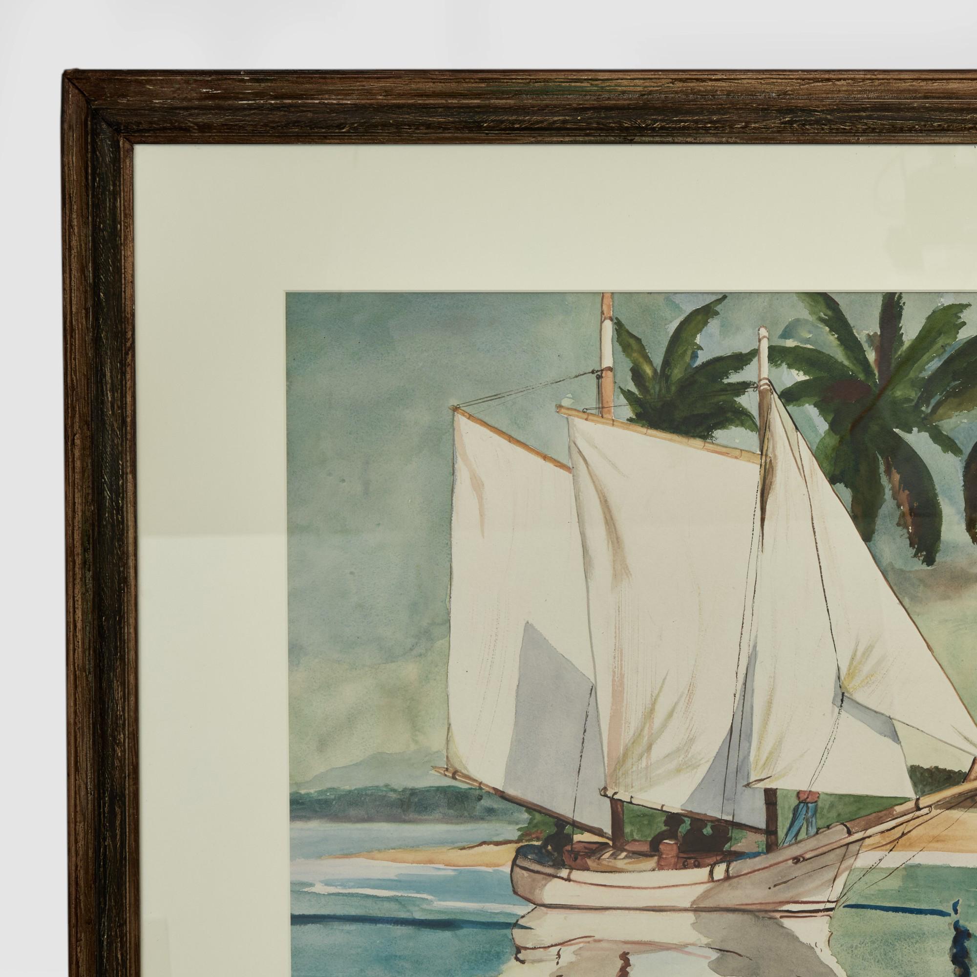 Vintage Aquarell einer tropischen Bucht mit Segelboot von Grace Huber Morgan – Art von Unknown