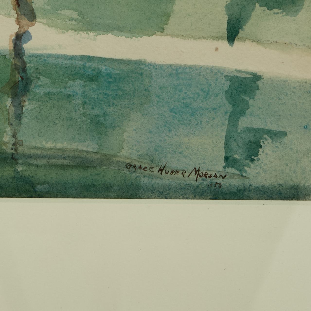 Vintage Aquarell einer tropischen Bucht mit Segelboot von Grace Huber Morgan im Angebot 2