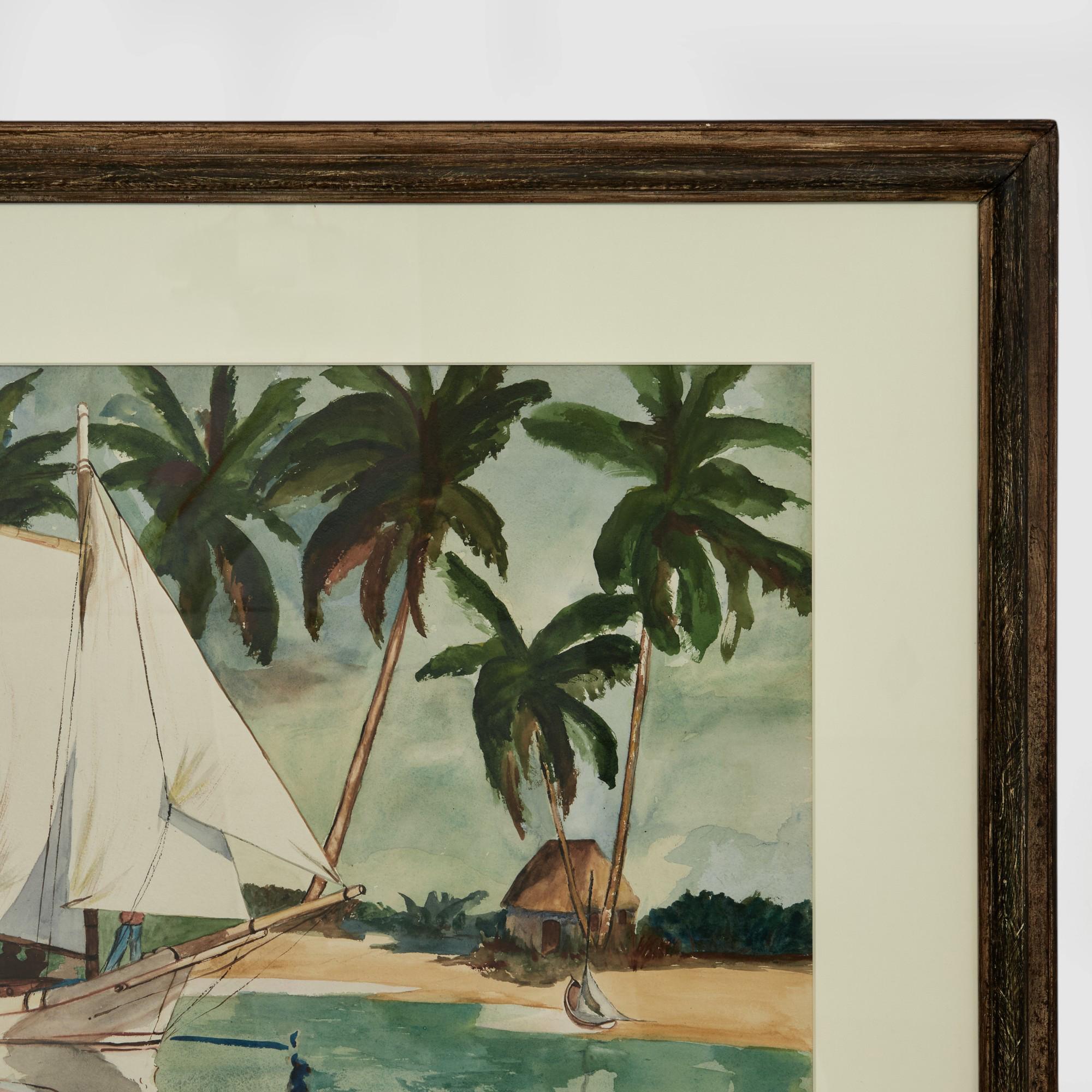 Vintage Aquarell einer tropischen Bucht mit Segelboot von Grace Huber Morgan (Realismus), Art, von Unknown