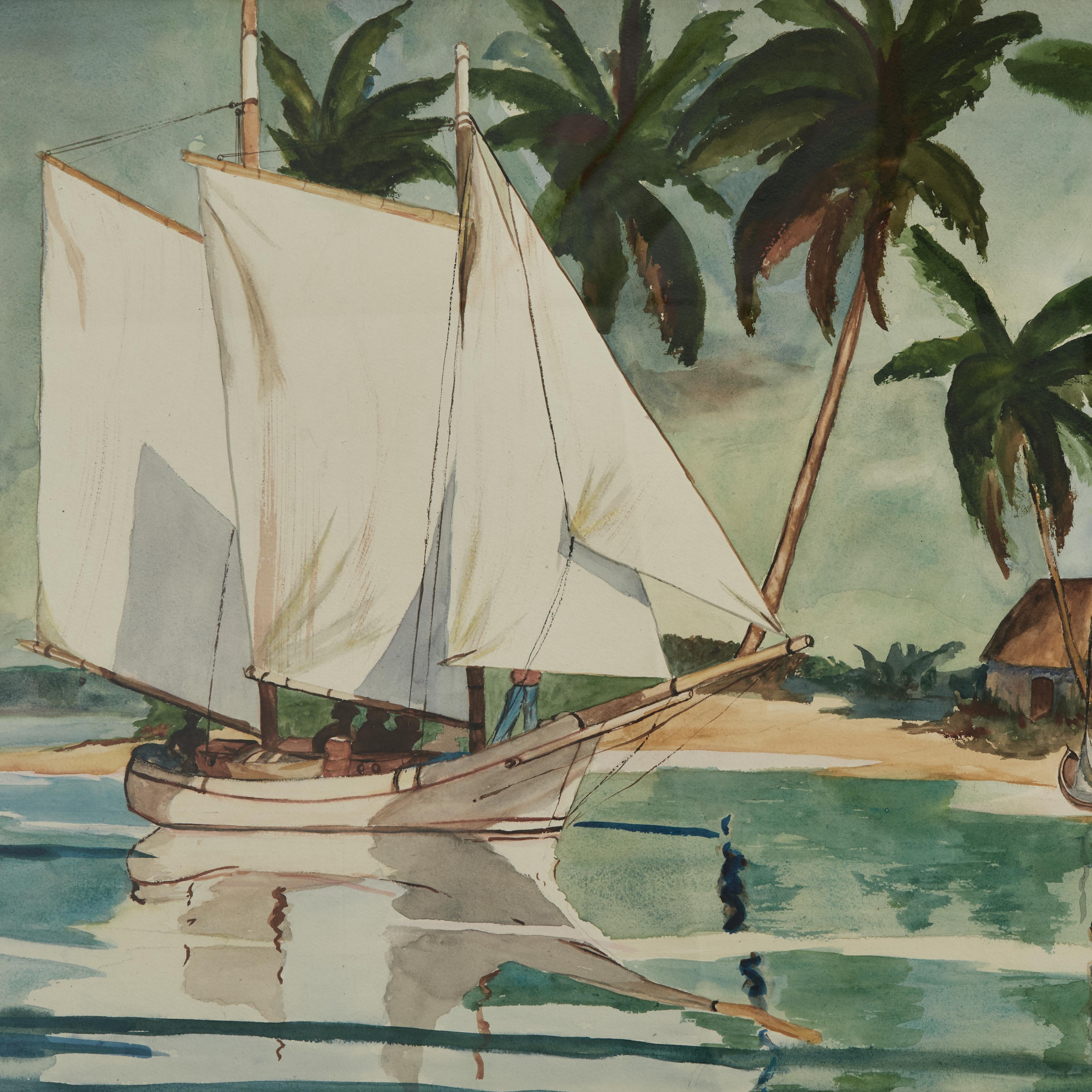 Vintage Aquarell einer tropischen Bucht mit Segelboot von Grace Huber Morgan (Grau), Landscape Art, von Unknown