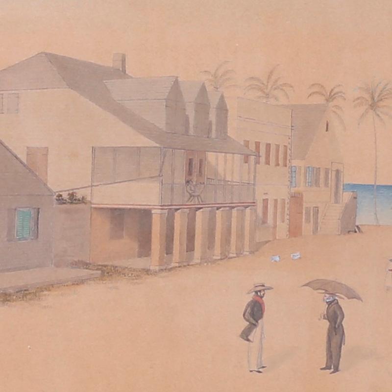 Here are four rare and historically important watercolor drawings on paper of St. Croix. Painted in a topographical style by L.J.Harboe, effectively transporting us to a time and place where you can hear the tranquility. Each watercolor has a label