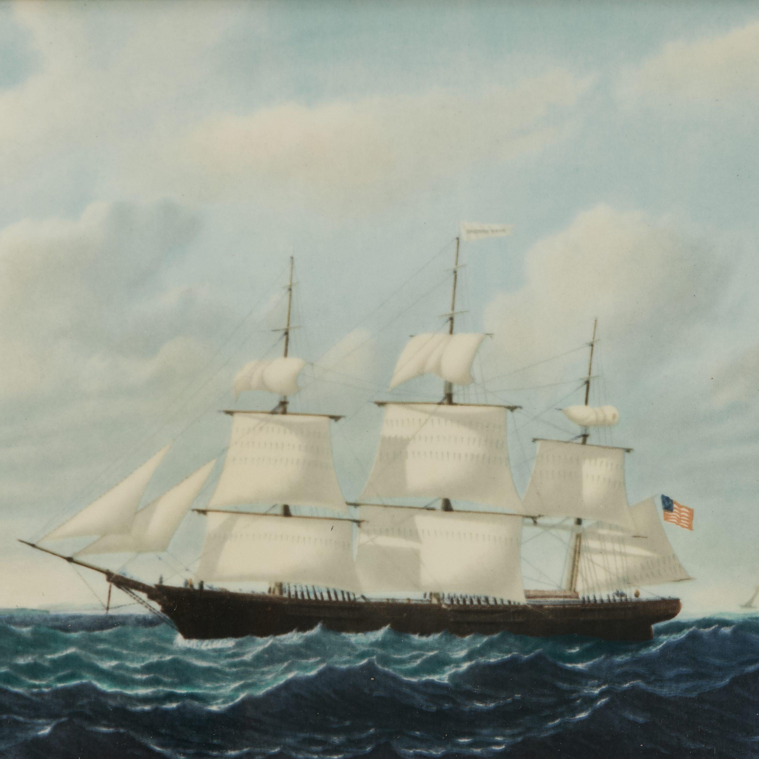 Impressionnant groupe de plaques en porcelaine représentant des navires Clipper, peintes à la main et émaillées de manière experte, reproduites d'après les peintures originales avec l'autorisation du Peabody Museum England. Présentées dans des