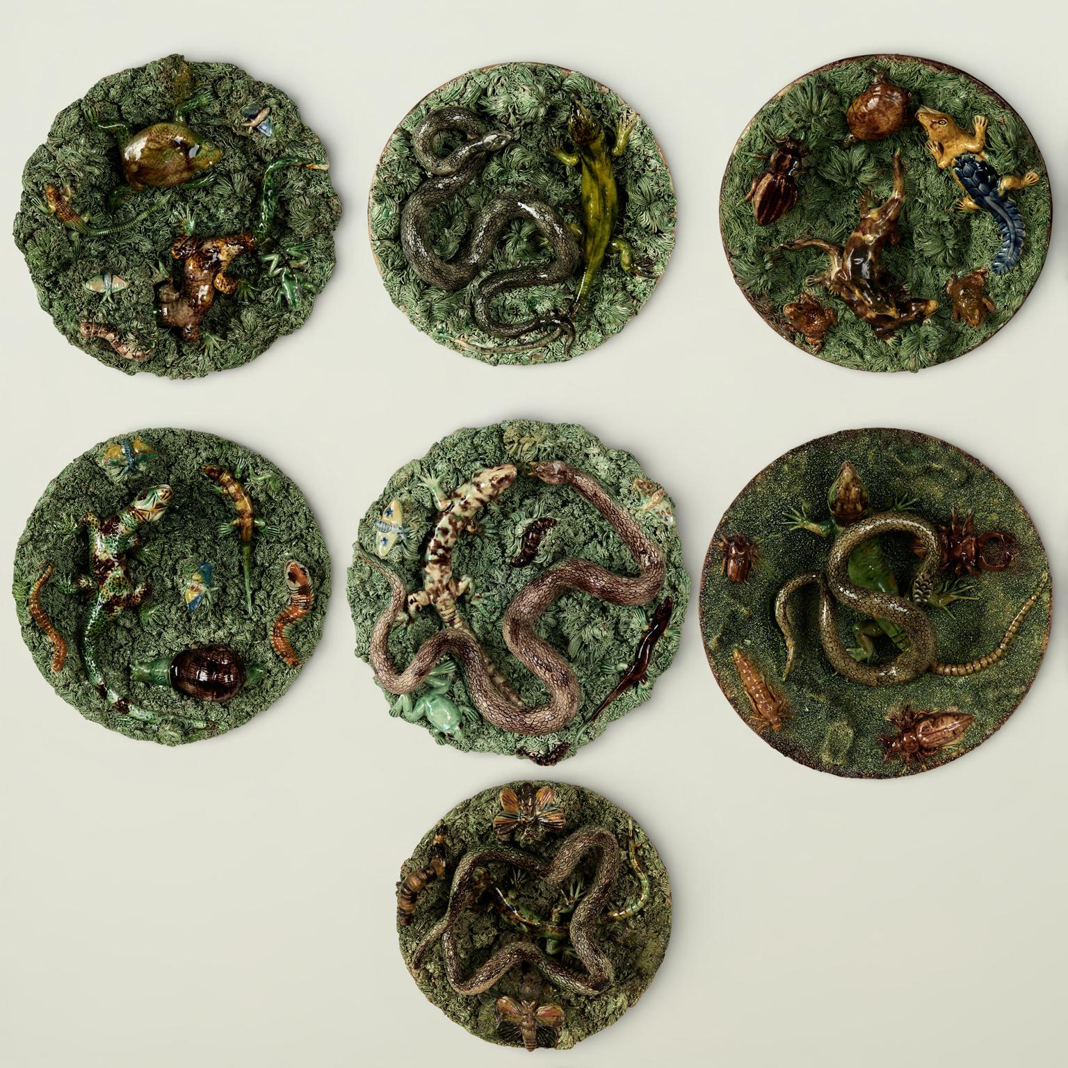 Seven Antique Portuguese Palissy Ware Majolica Wall Plates, Priced Individually