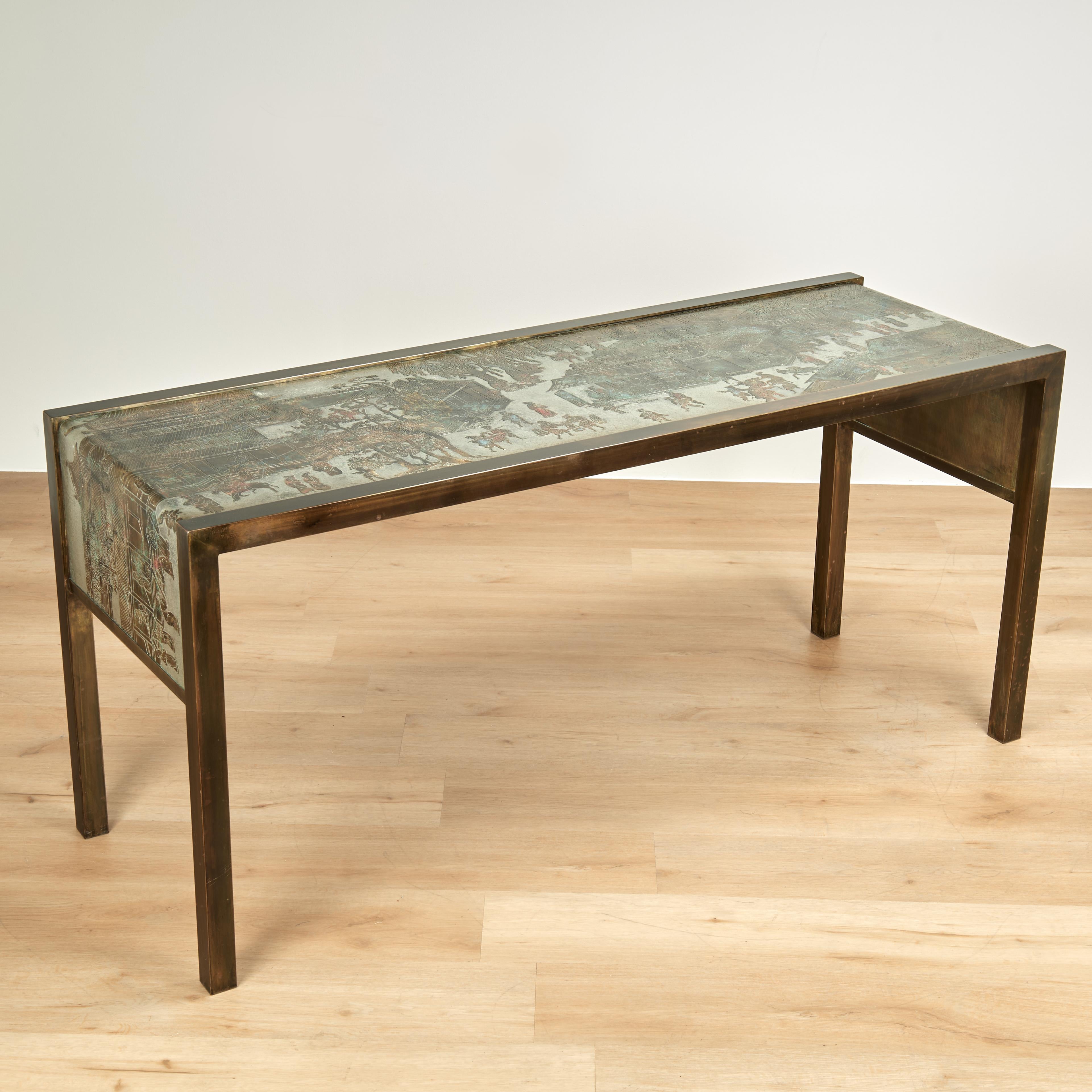 Mid Century Philip & Kelvin Laverne Bronze and Pewter Console Table