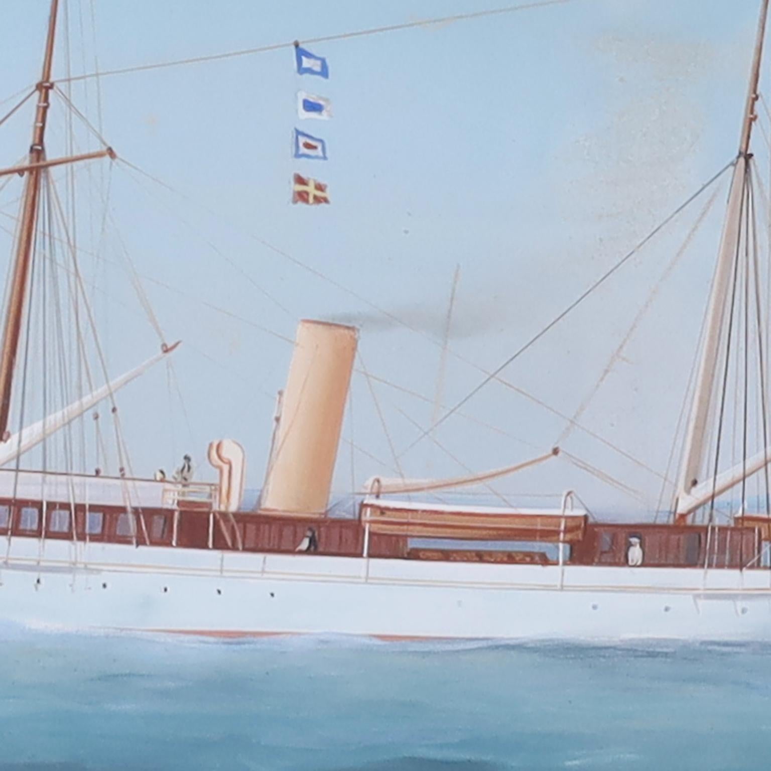 Antique painting of a steam powered yacht flying a British flag as seen on the Mediterranean sea with Mt. Vesuvius in the background. Executed in gouache by noted Italian marine artist Antonio De Simone in 1904. Presented in a mahogany frame under