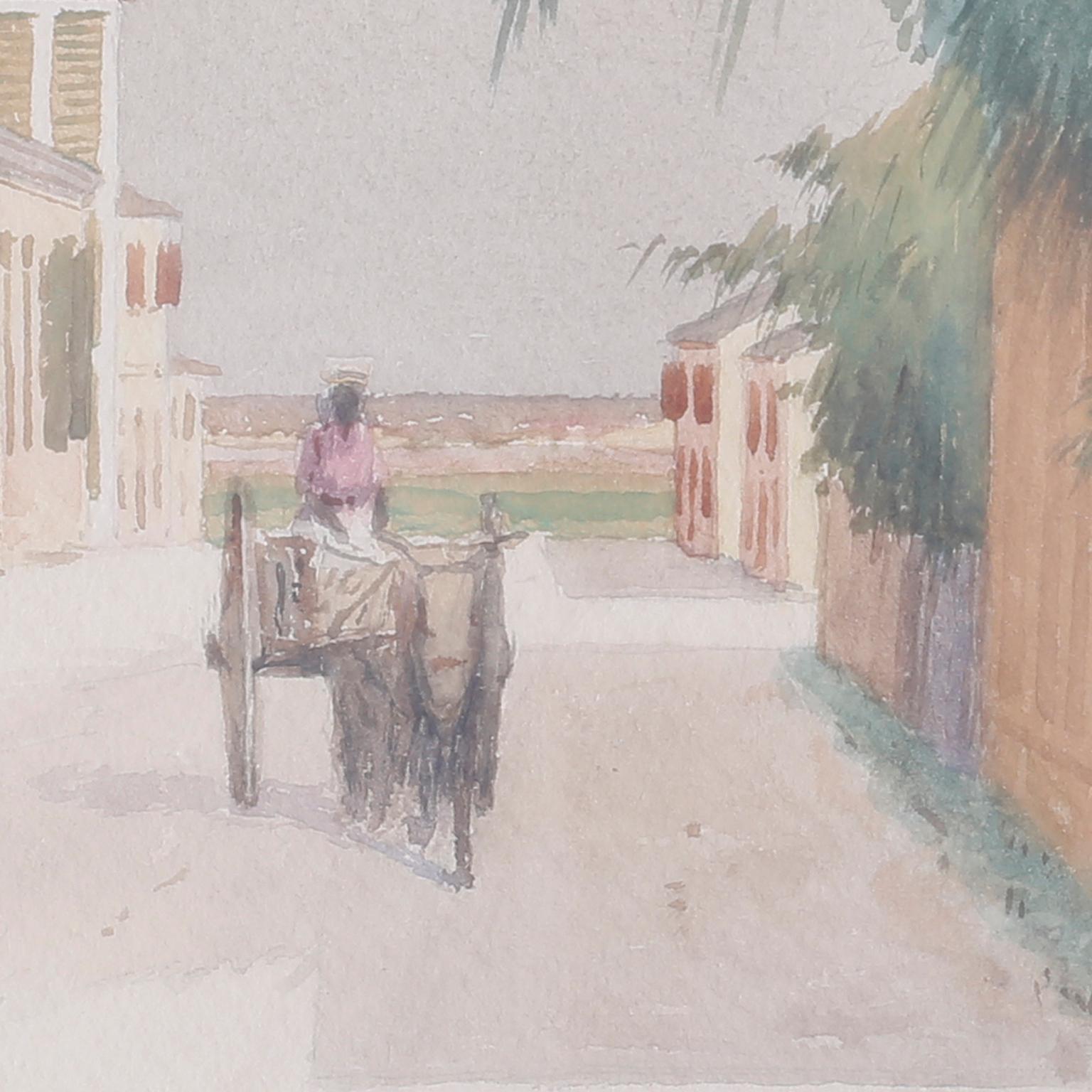 Aquarell einer bahamaischen Straßenszene, möglicherweise in Nassau. Mit einer Frau, die ein Bündel trägt, einem Mann in einem Wagen, Palmen, einem Haus, Toren und einem warmen, friedlichen Ambiente. Signiert Hartwell Leon Woodcock in der unteren