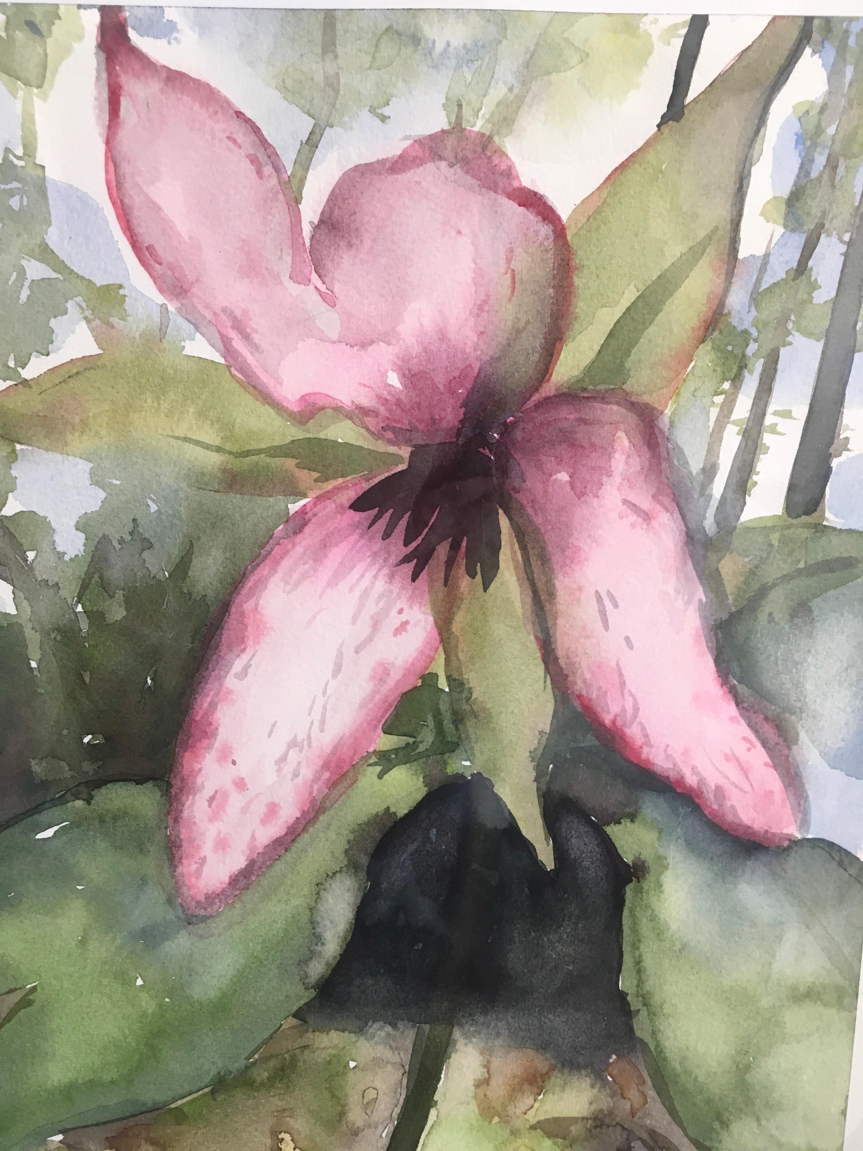 Fiore 11:35, Fiore, Floreale, Acquerello, Opera su carta, Rosa, Alberi - Art di Cynthia MacCollum