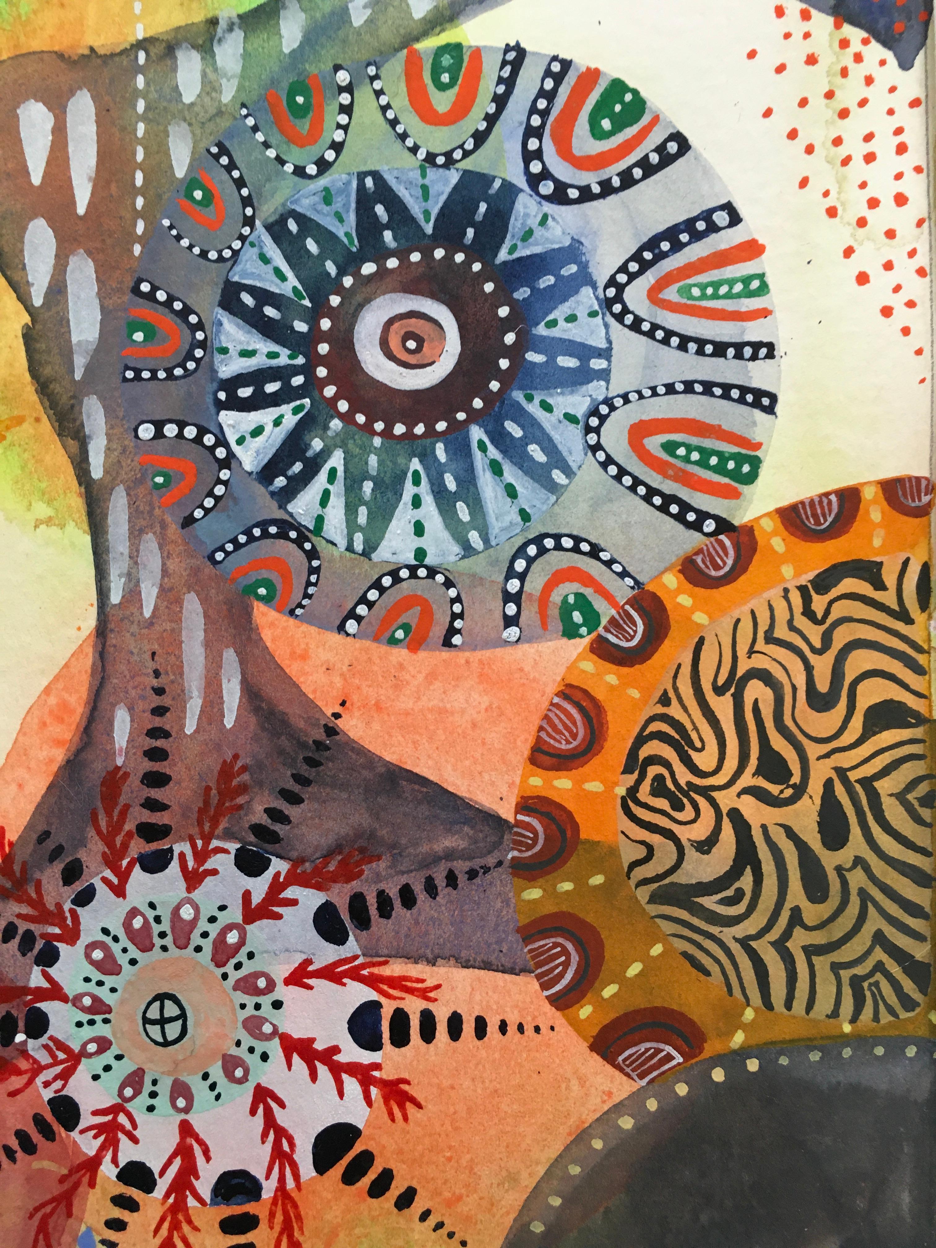 Aquarelle 7,  uvres sur papier, couleurs, formes organiques, naturels, mouvement, cosmos - Marron Abstract Drawing par Melinda Hackett