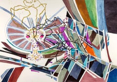 Il ritorno del lampadario, scena d'interno, tecnica mista, opera su carta, incorniciata