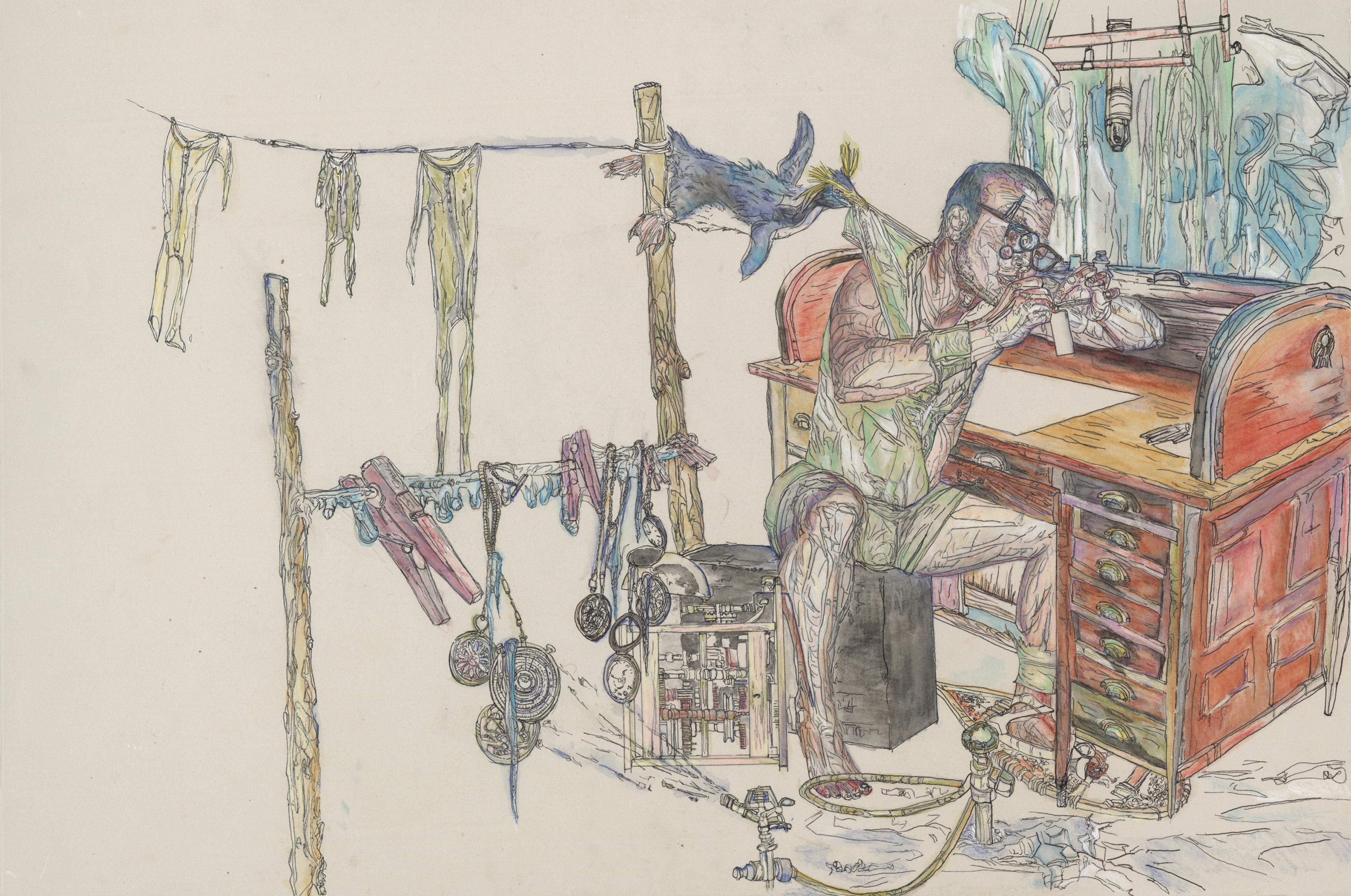 Watchmaker, Drawing, Inventor, Work on Paper, Ink, Watercolor, Tan, Yellow