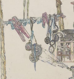 Watchmaker, Drawing, Inventor, Work on Paper, Ink, Watercolor, Tan, Yellow