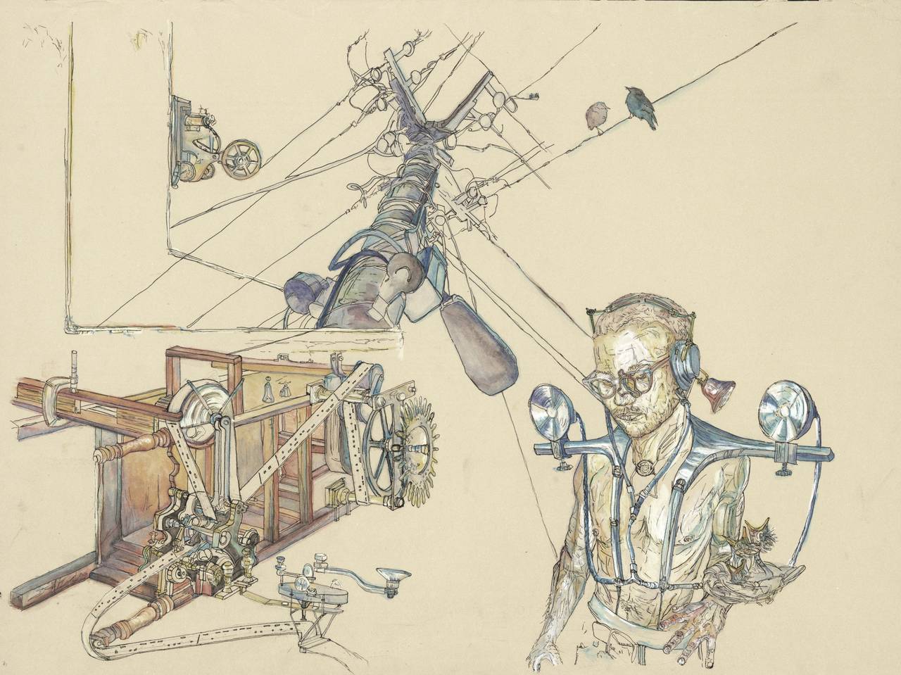 Krzysztof Pastuszka Figurative Art - Morsecode, Illustration, Drawing, Invented Machine, DaVinci style
