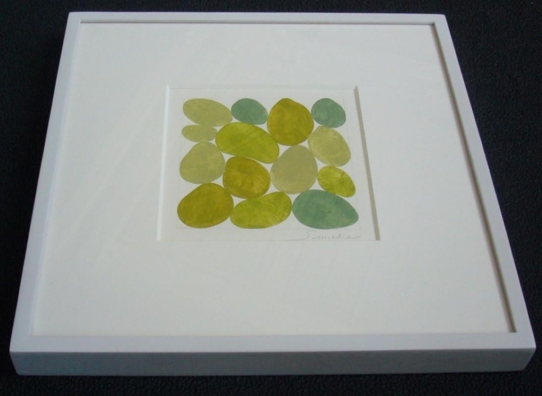 Spring Linden, Work on Paper, Gouache, Green, Framed, Calm, Square, Original Art - Contemporary Painting by Nancy Simonds