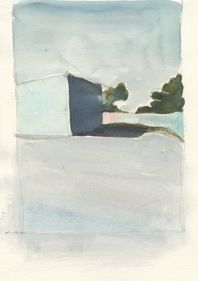 City Limits No. 6, watercolor, California, architecture, building, Framed, blue - Painting by Ferdinanda Florence