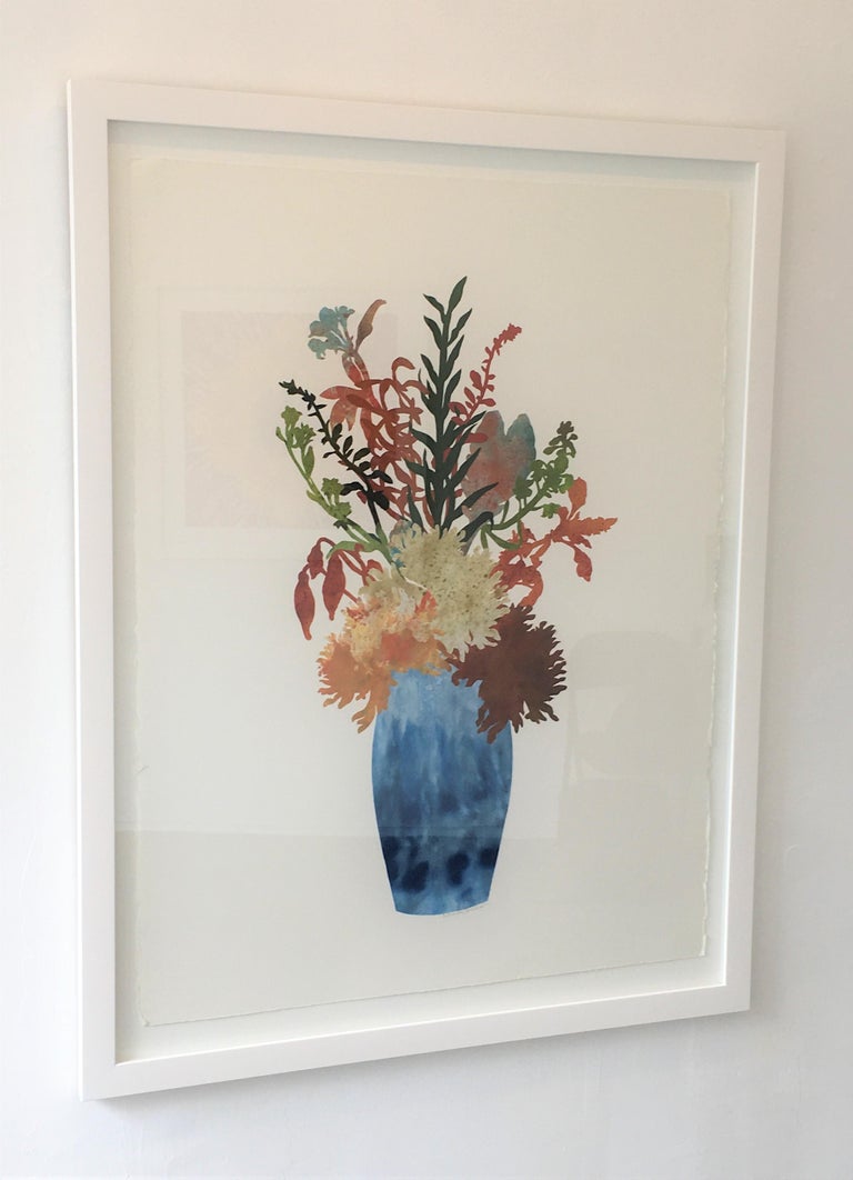 Deborah Weiss Still-Life Painting - Big Blooms No 7, Botanical Artwork, Blue, Collage, Work on Paper, Floral, Framed
