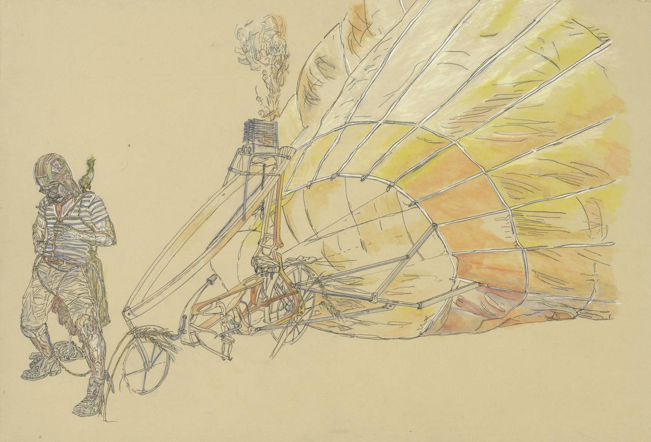 Krzysztof Pastuszka Figurative Art - Balloon, Flying Machine, Drawing, Work on Paper, Ink, Watercolor, Tan, Yellow
