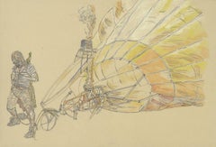 Balloon, Flying Machine, Drawing, Work on Paper, Ink, Watercolor, Tan, Yellow