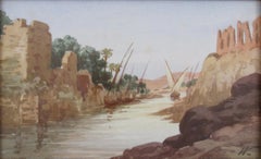 Antique Ancient Ruins along the River Nile with Sailing Boats, probably by Luxor, Egypt