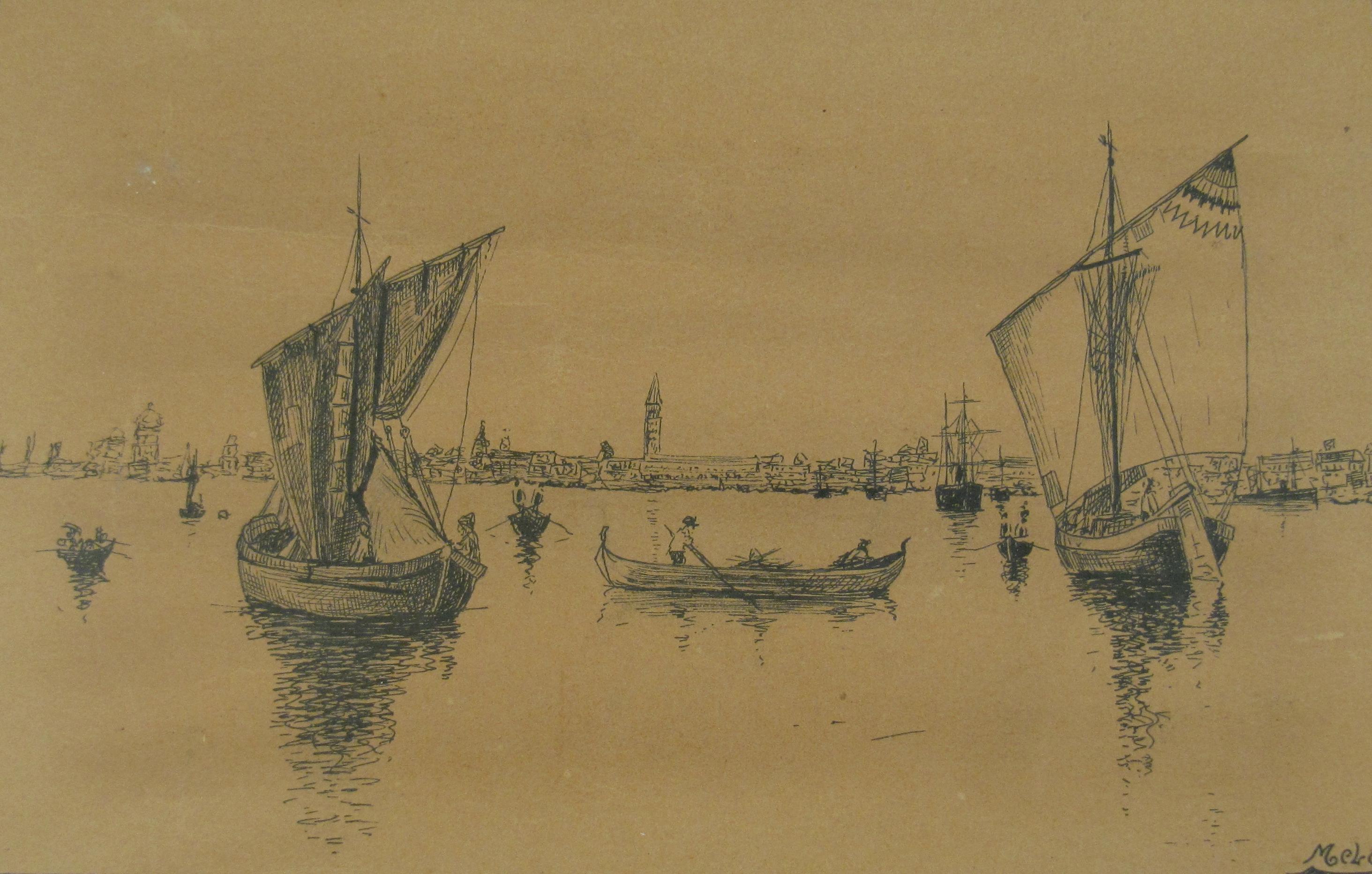 Gustav Melcher ( Deutsch, 1898 -?) Boote aus Venedig, Italien, Tinte, Aquarellfarbe, ca. 1918 im Angebot 1