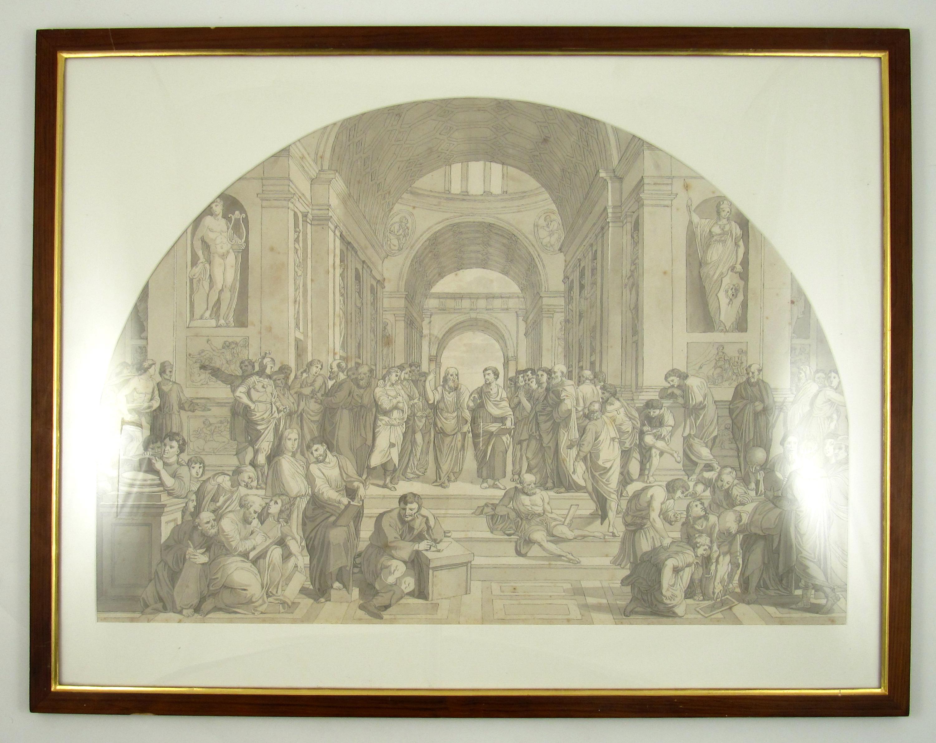 School of Athens after Raphael Vatican 18th Century Pen Ink Wash Drawing c. 1780 - Art by (after) Raphael (Raffaello Sanzio da Urbino)