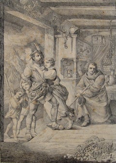Departing Soldier with his family - 18thC Ink and Pen drawing - German School