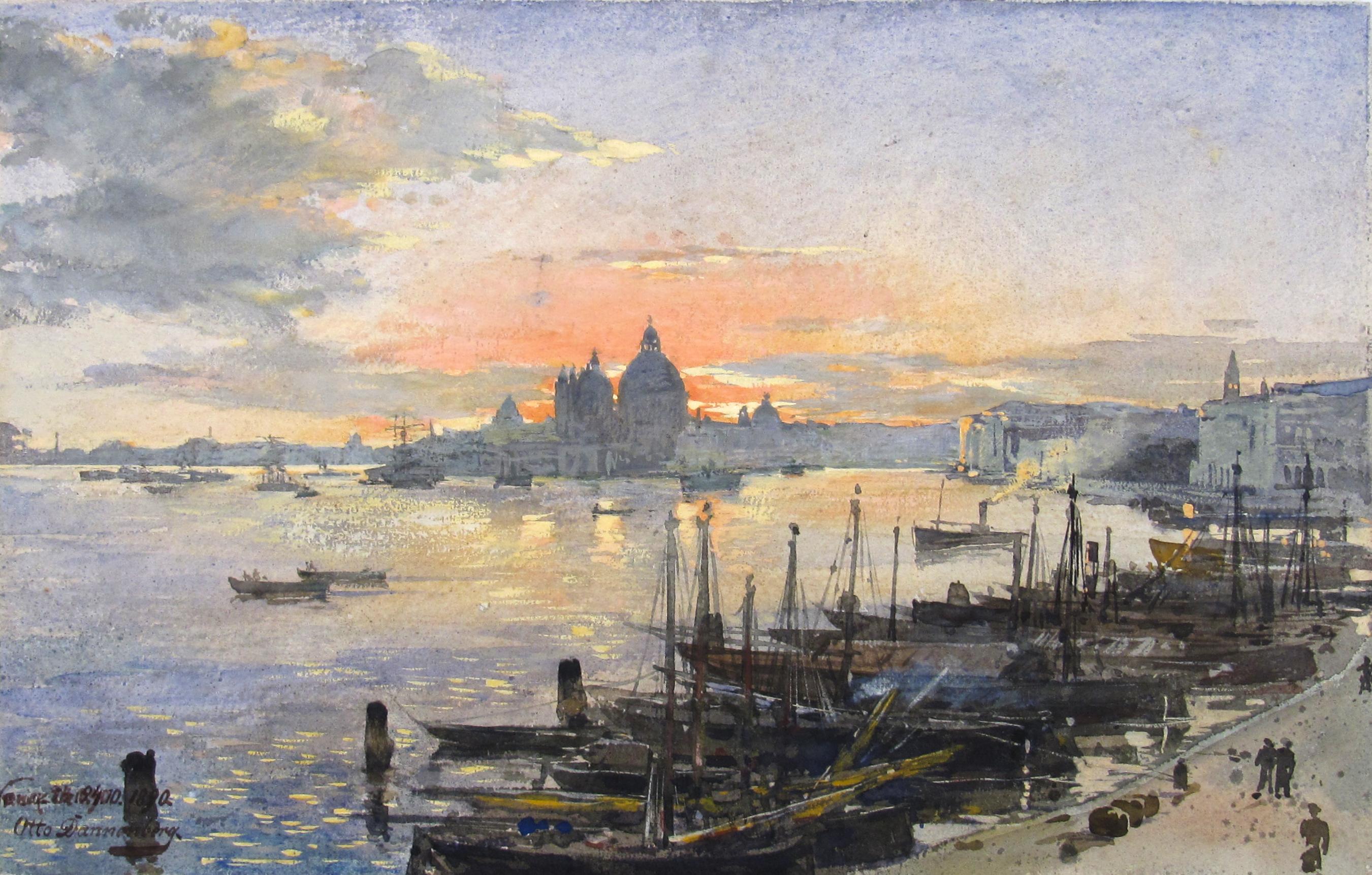 Otto Dannenberg - Skyline of Venice and busy Bay at Sunset - Atmospheric  19th Century Water Color For Sale at 1stDibs