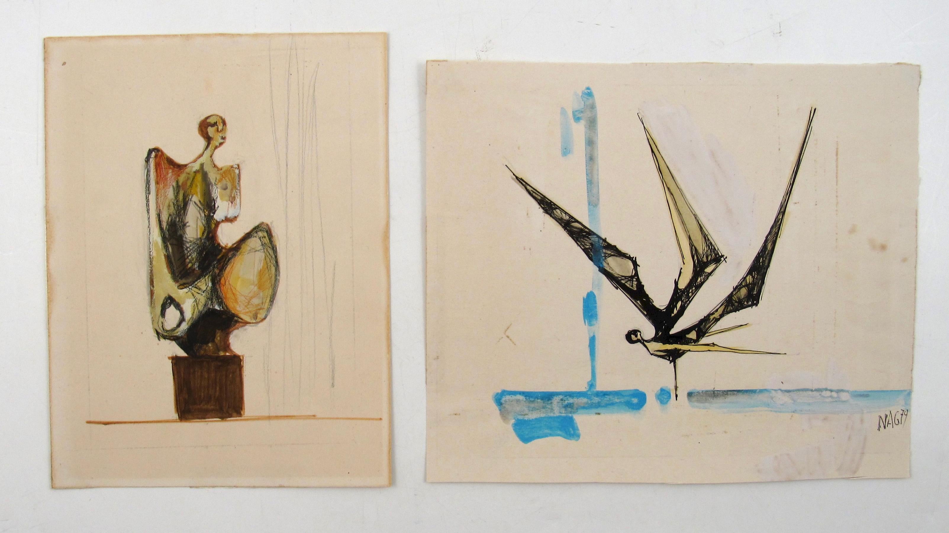 Falling Icarus and Crouching Angel - Two Drawings by Nag Arnoldi, Switzerland